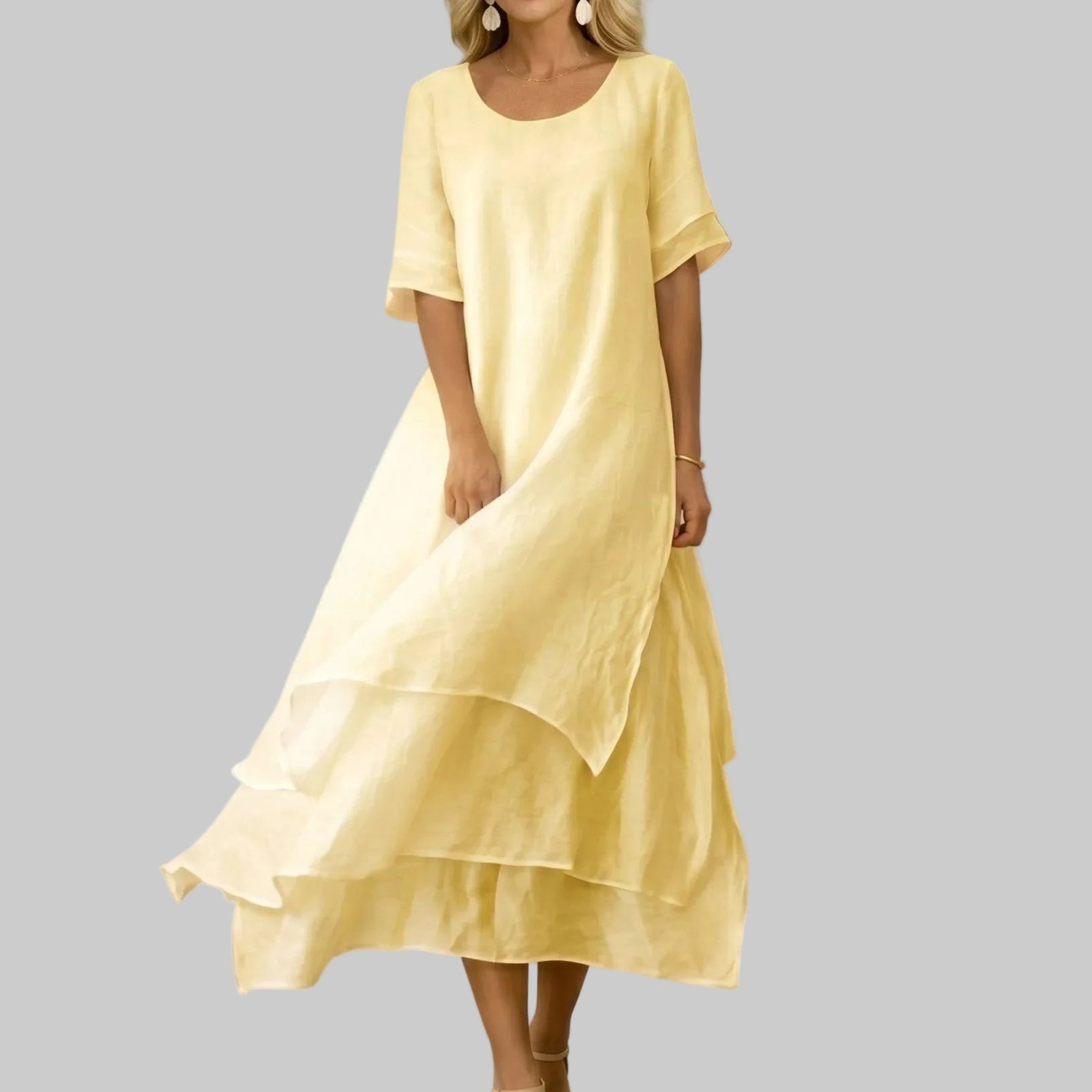 Clara - Women's Summer Layered Hem Maxi Dress - Midi Dress - Yellow - Davies & Cooper