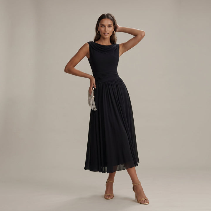 Clara - Women's Summer Pleated Cowl Back Midi Dress - Midi Dress - Black - Davies & Cooper