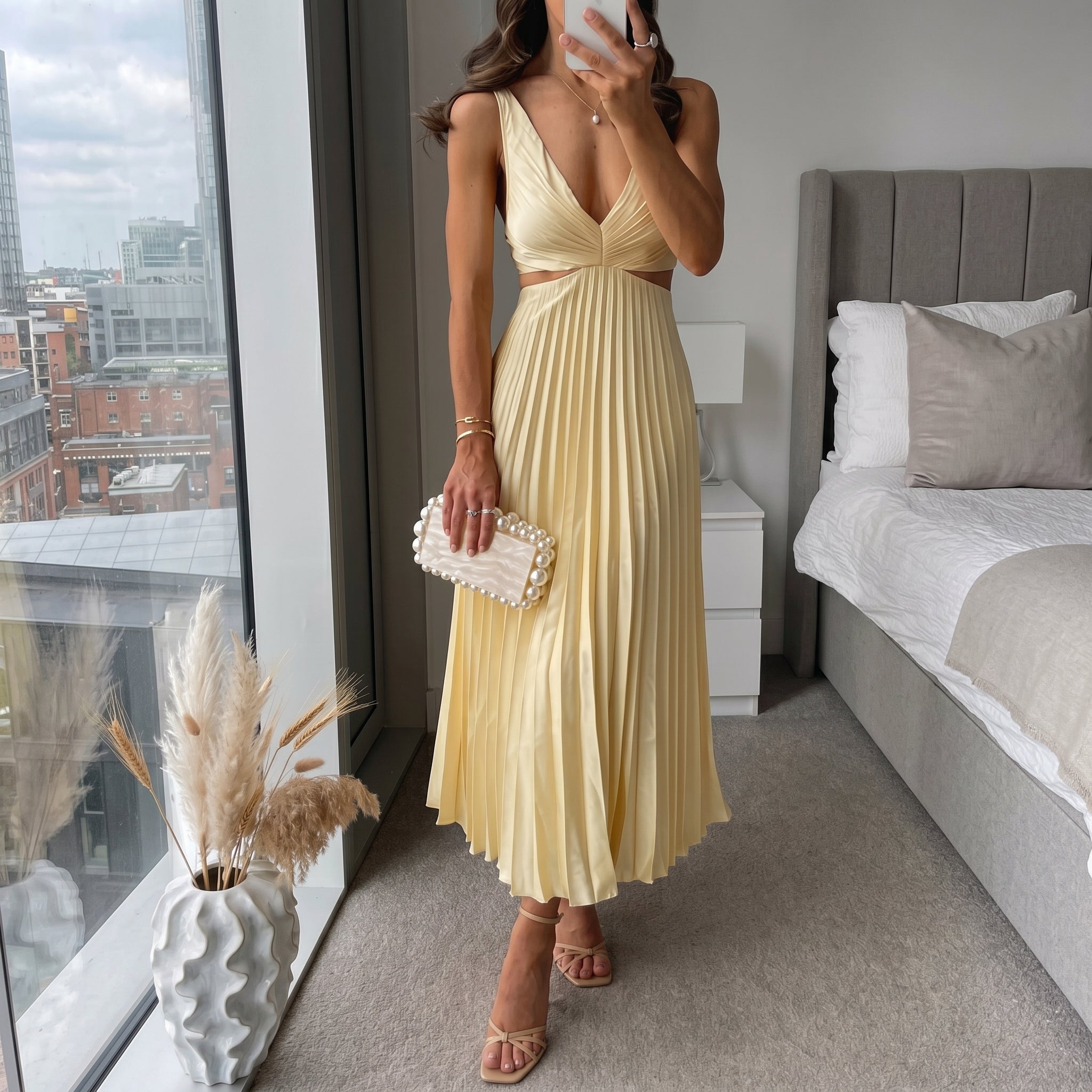 Clara - Women's Summer Pleated V-Neck Midi Dress - Midi Dress - Yellow - Davies & Cooper