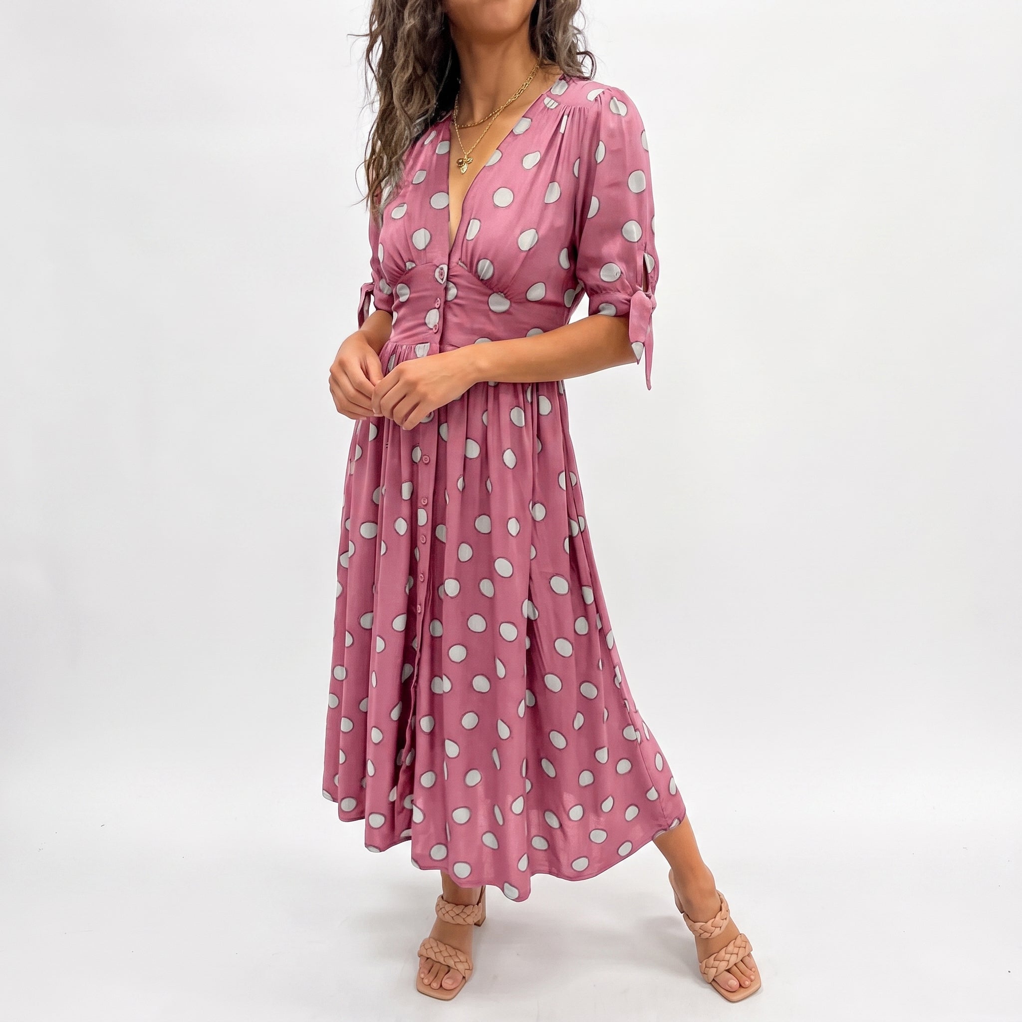 Clara - Women's Summer Polka Dot Button-Front Midi Dress - Dresses - Blue - Davies & Cooper