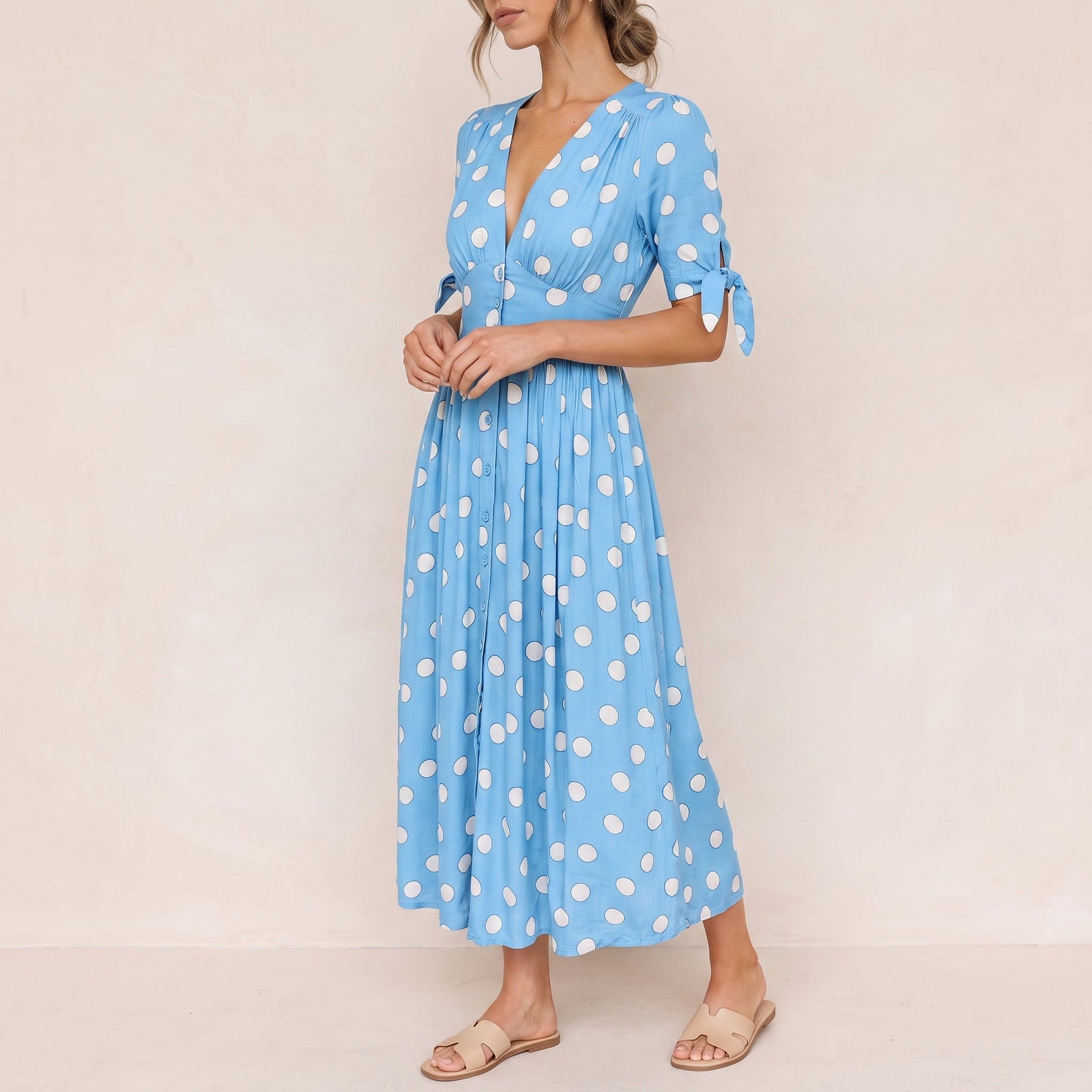 Clara - Women's Summer Polka Dot Button-Front Midi Dress - Dresses - Green - Davies & Cooper