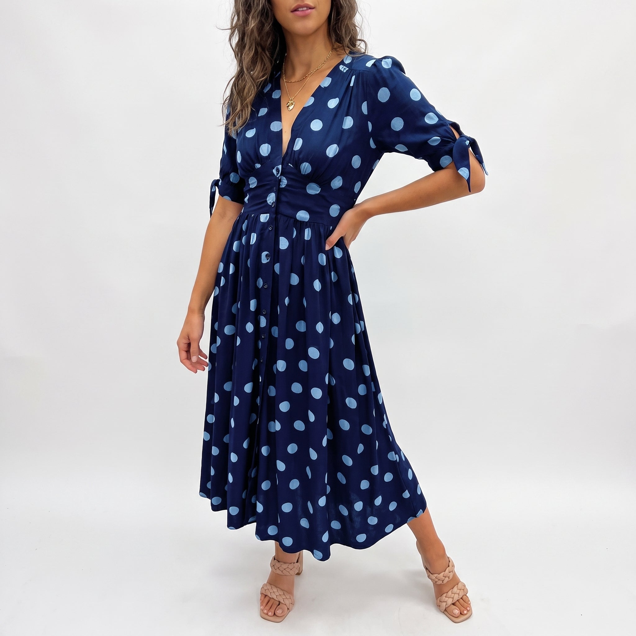 Clara - Women's Summer Polka Dot Button-Front Midi Dress - Dresses - Blue - Davies & Cooper