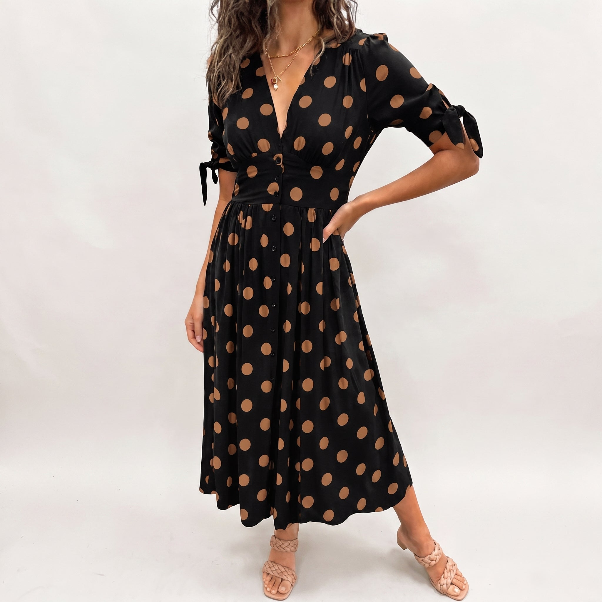 Clara - Women's Summer Polka Dot Button-Front Midi Dress - Dresses - Black - Davies & Cooper