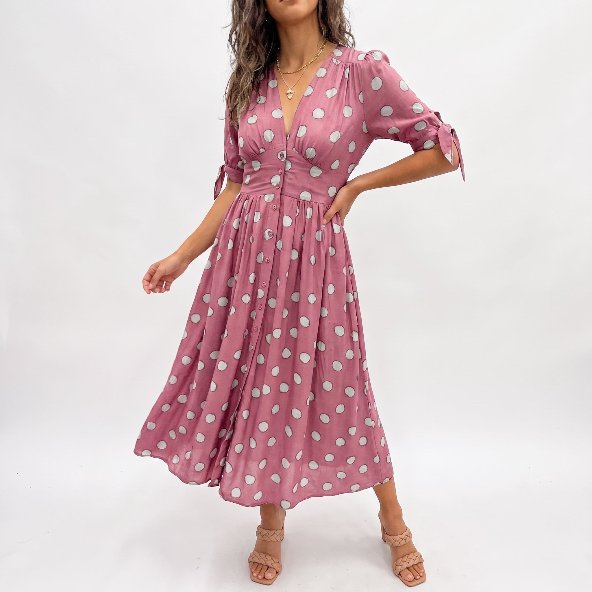Clara - Women's Summer Polka Dot Button-Front Midi Dress - Dresses - Pink - Davies & Cooper