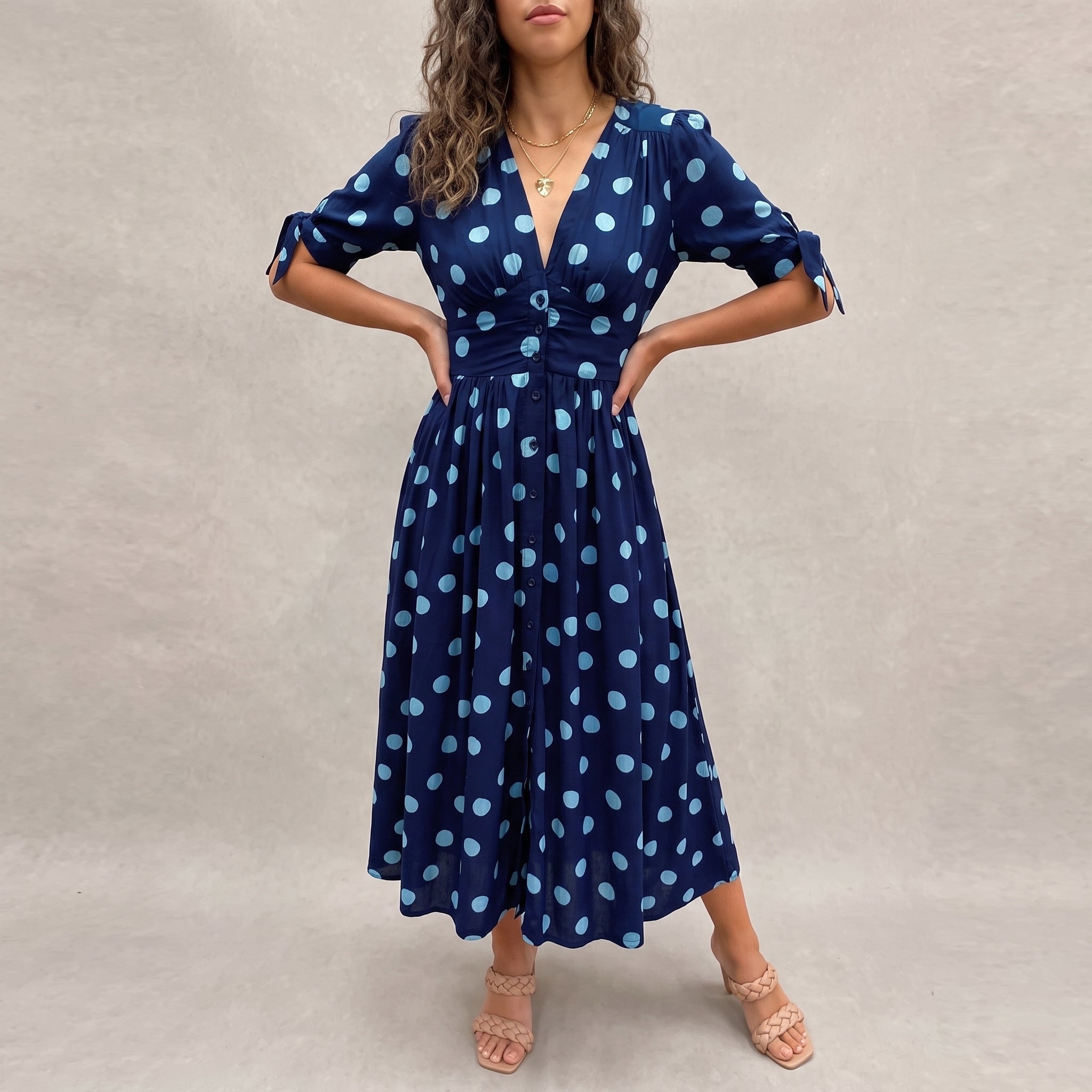 Clara - Women's Summer Polka Dot Button-Front Midi Dress - Dresses - Blue - Davies & Cooper