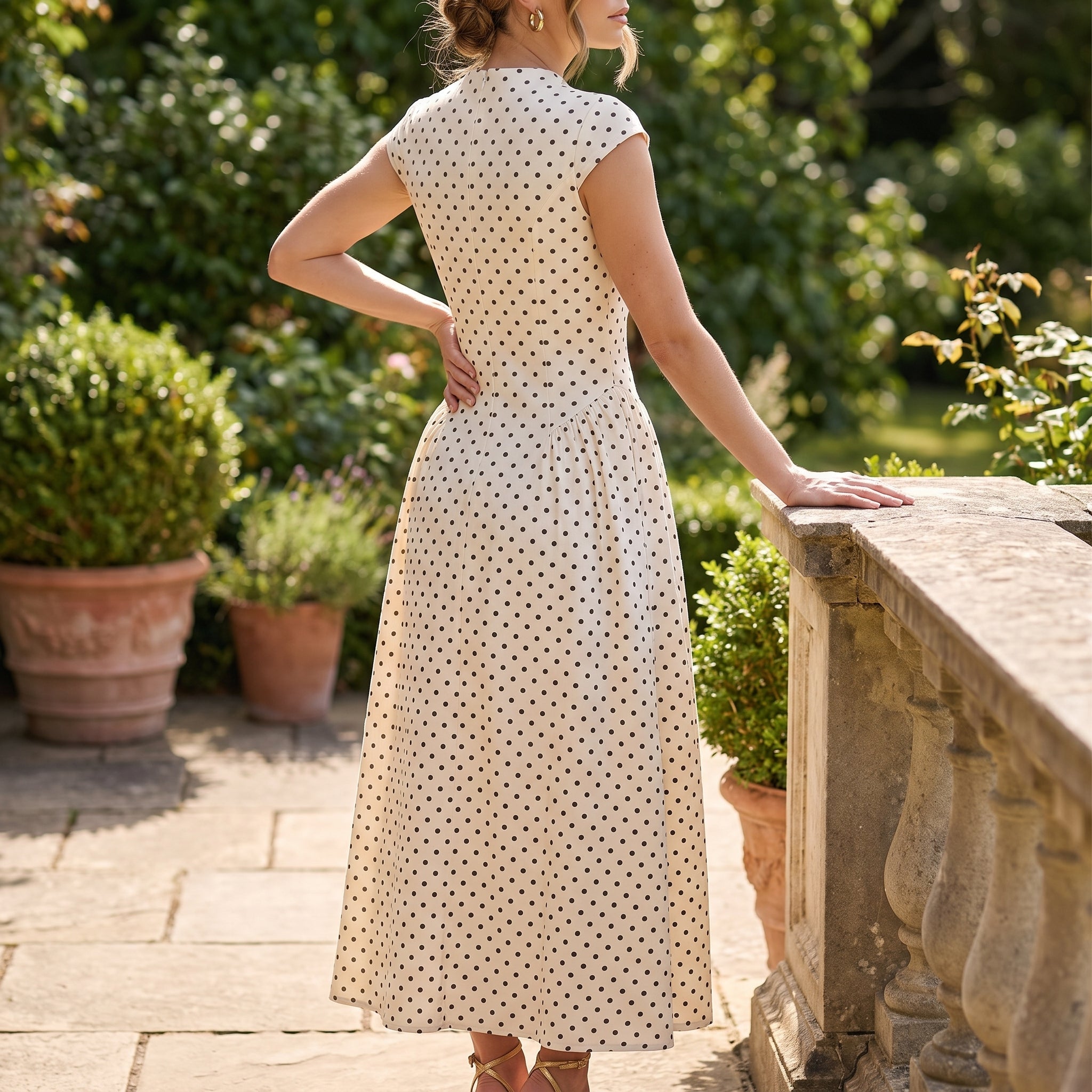 Clara - Women's Summer Polka Dot Cap Sleeve Midi Dress - Maxi Dress - White - Davies & Cooper