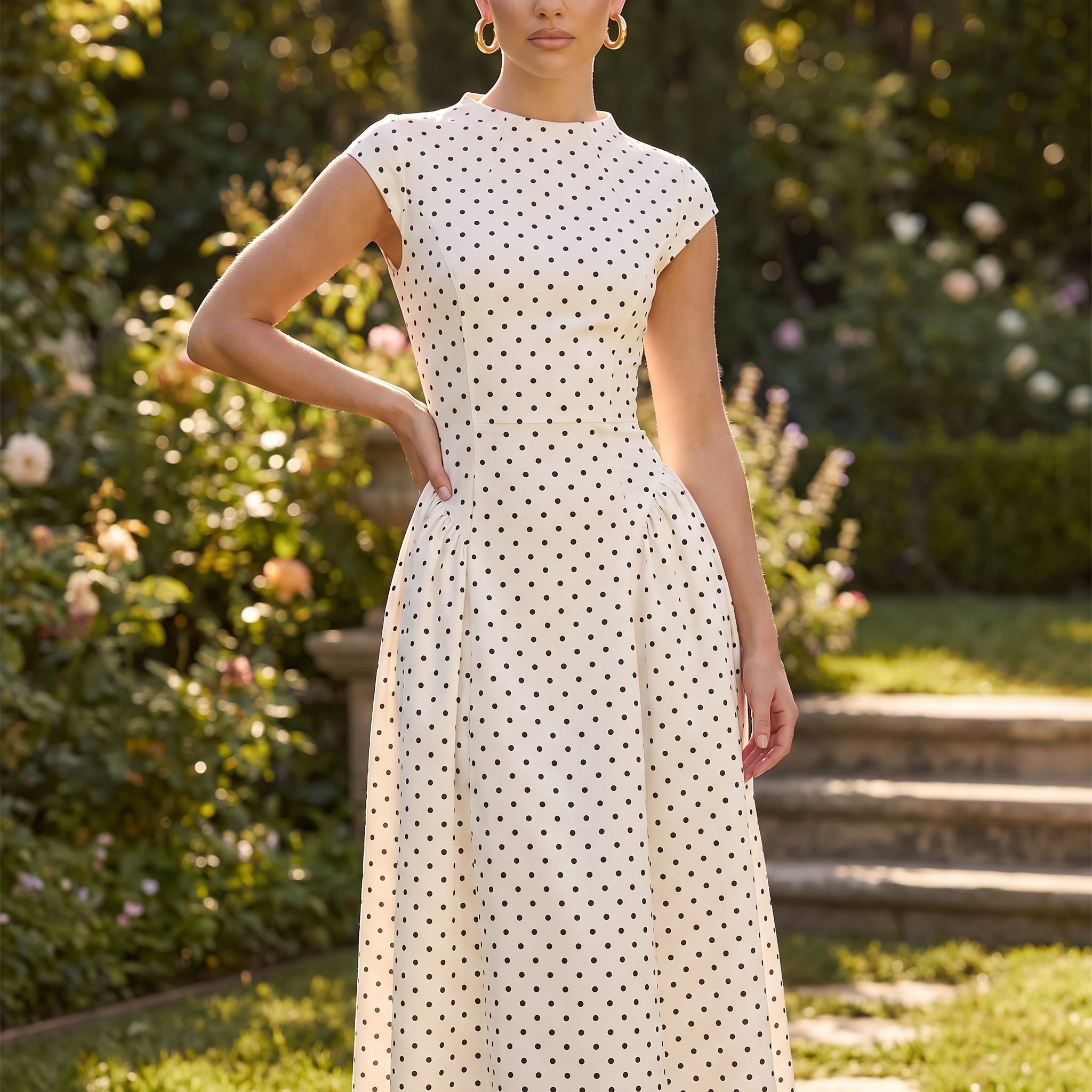 Clara - Women's Summer Polka Dot Cap Sleeve Midi Dress - Maxi Dress - White - Davies & Cooper
