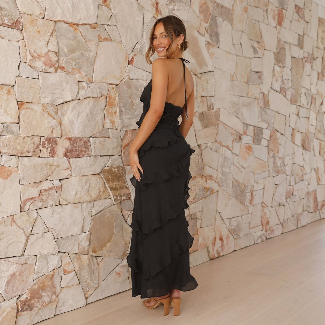 Clara - Women's Summer Ruffle V - Neck Maxi Dress - Maxi Dress - Black - Davies & Cooper
