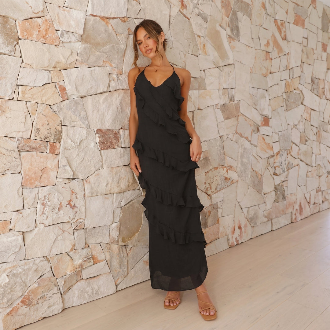 Clara - Women's Summer Ruffle V - Neck Maxi Dress - Maxi Dress - Black - Davies & Cooper