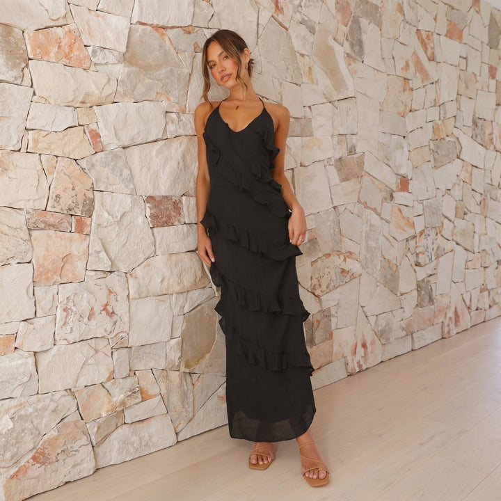 Clara - Women's Summer Ruffle V - Neck Maxi Dress - Maxi Dress - Black - Davies & Cooper