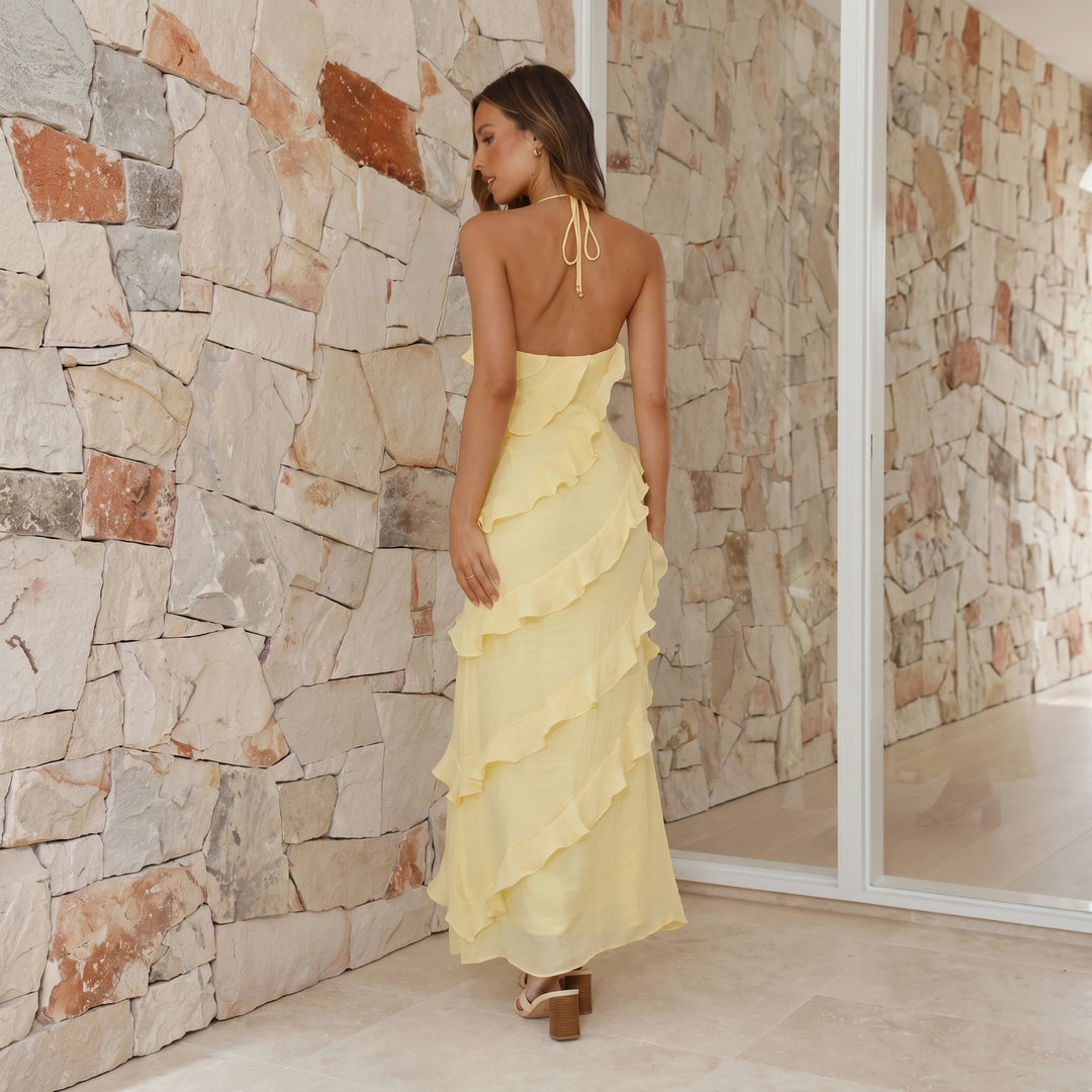 Clara - Women's Summer Ruffle V - Neck Maxi Dress - Maxi Dress - Yellow - Davies & Cooper