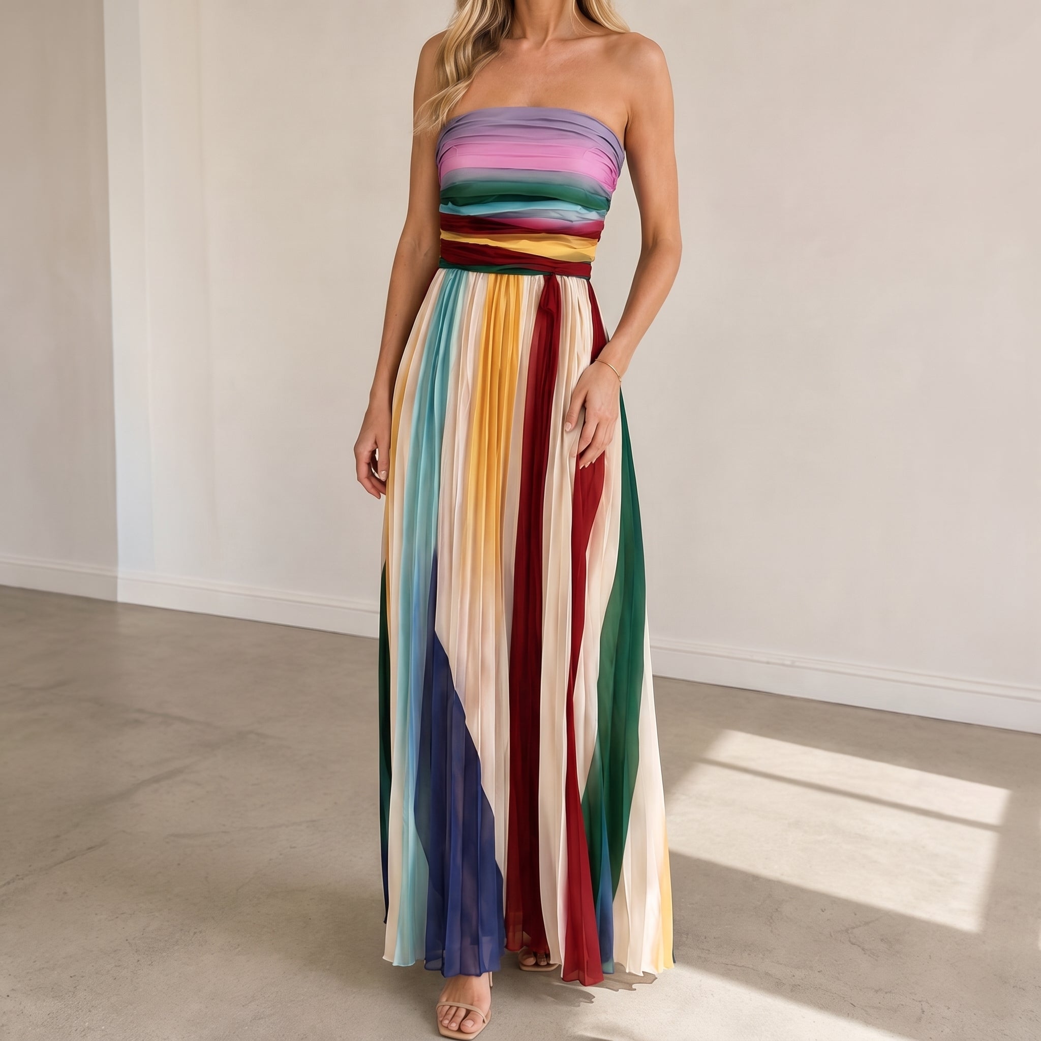 Clara - Women's Summer Striped Strapless Pleated Maxi Dress - Dresses - Cream - Davies & Cooper