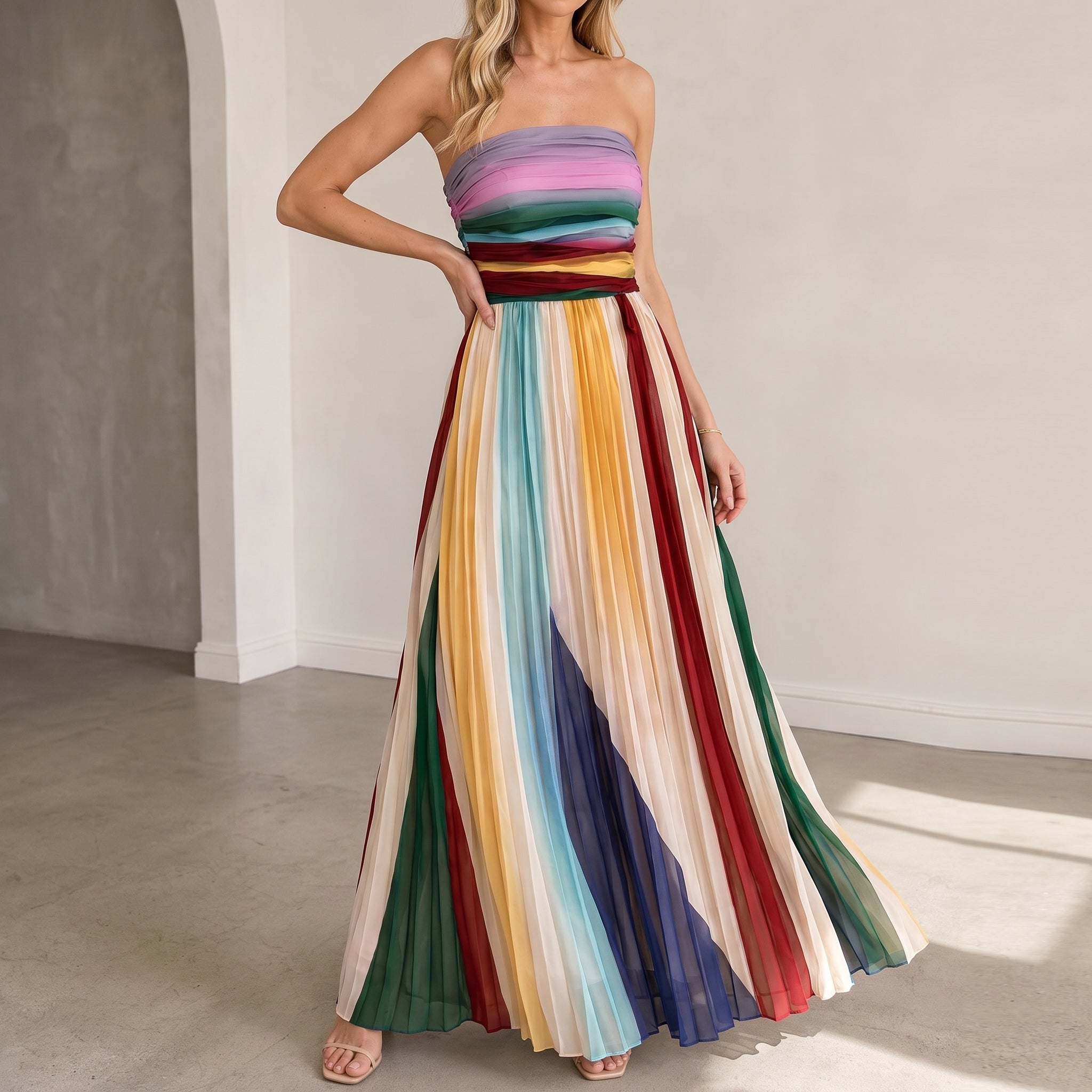 Clara - Women's Summer Striped Strapless Pleated Maxi Dress - Dresses - Cream - Davies & Cooper