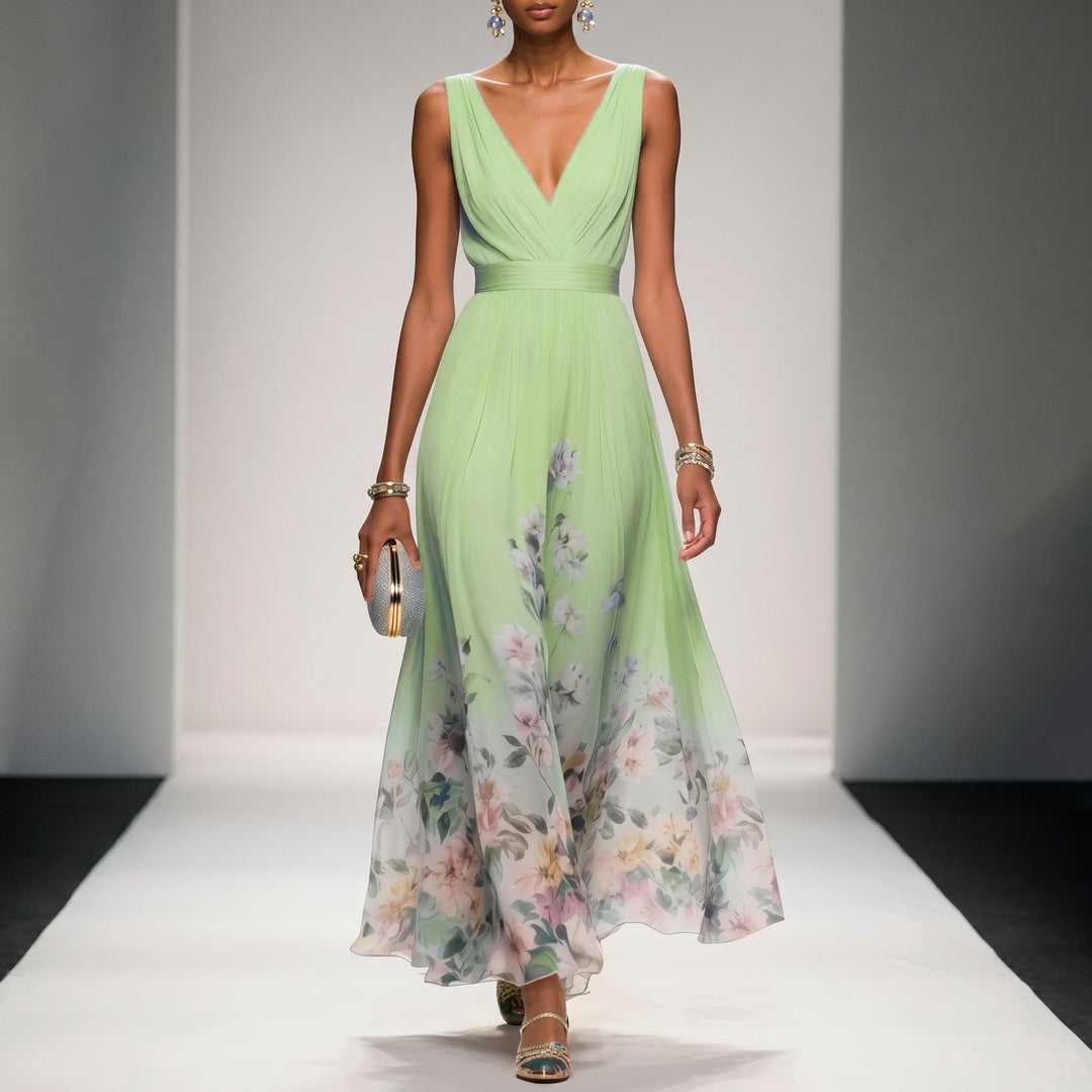 Clara - Women's Wedding Guest Floral Print Maxi Dress - Maxi Dresses - Light Green - Davies & Cooper