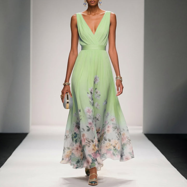 Clara - Women's Wedding Guest Floral Print Maxi Dress - Maxi Dresses - Light Green - Davies & Cooper