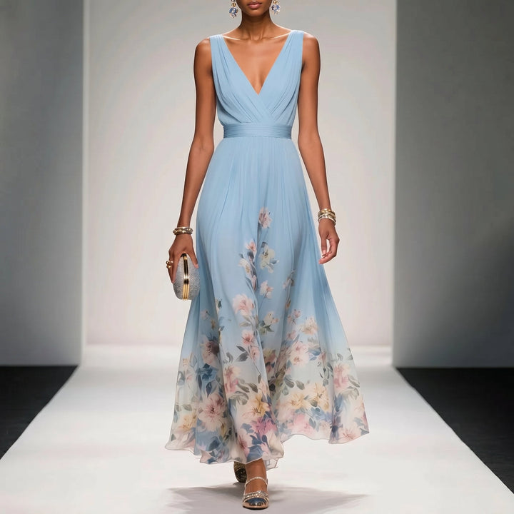 Clara - Women's Wedding Guest Floral Print Maxi Dress - Maxi Dresses - Sky Blue - Davies & Cooper