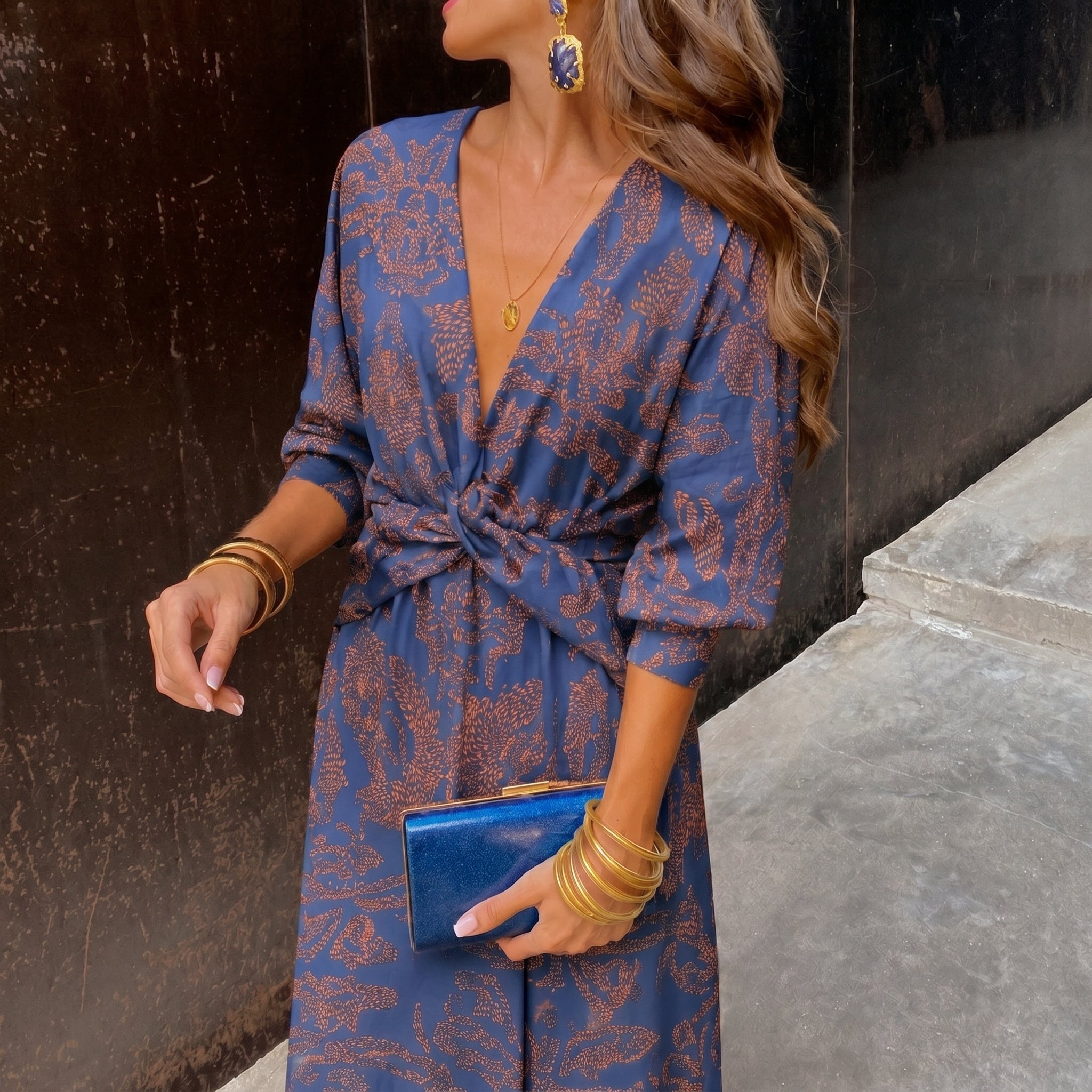 Clara - Women's Wedding Guest Knot Front Midi Dress - Midi Dress - Blue - Davies & Cooper