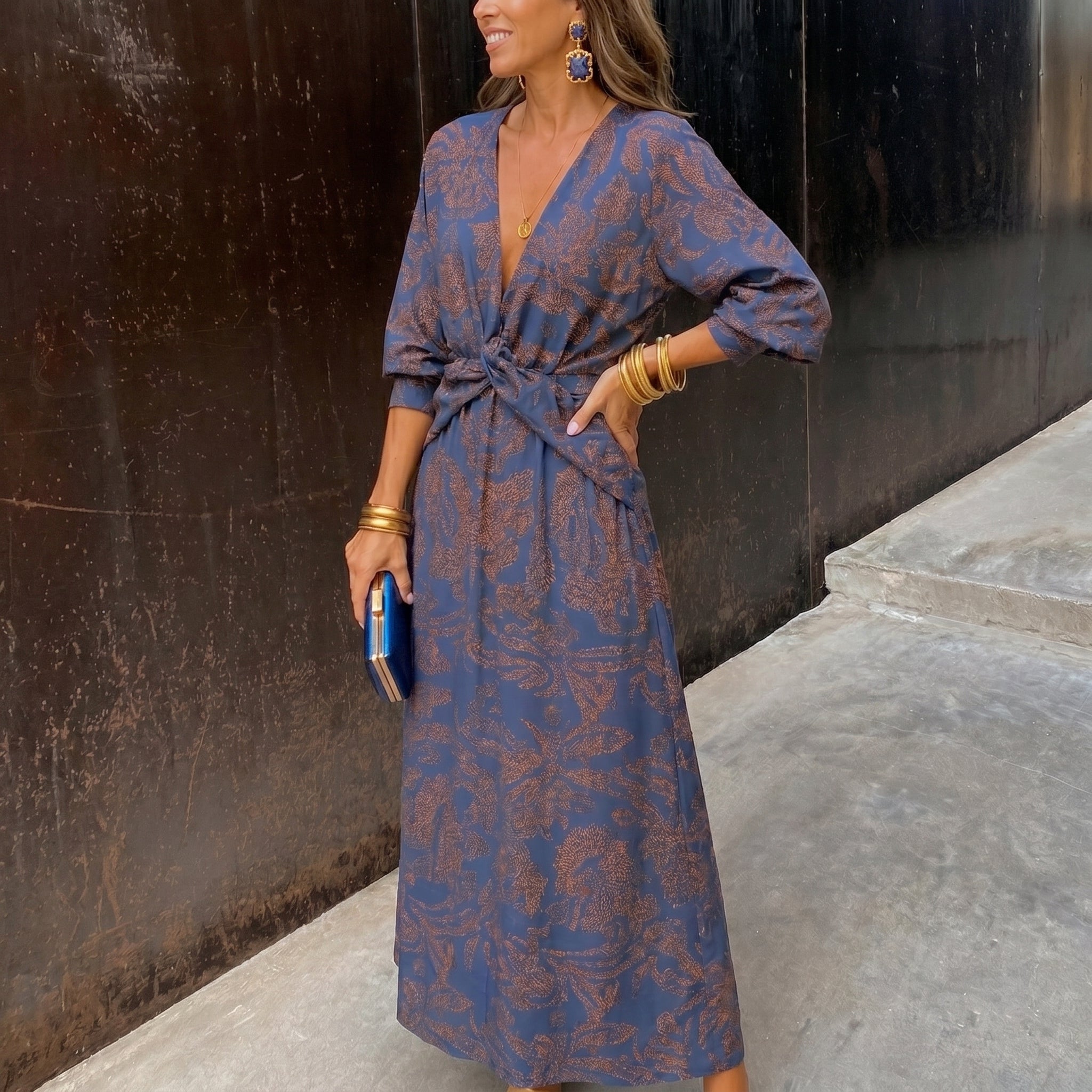 Clara - Women's Wedding Guest Knot Front Midi Dress - Midi Dress - Blue - Davies & Cooper