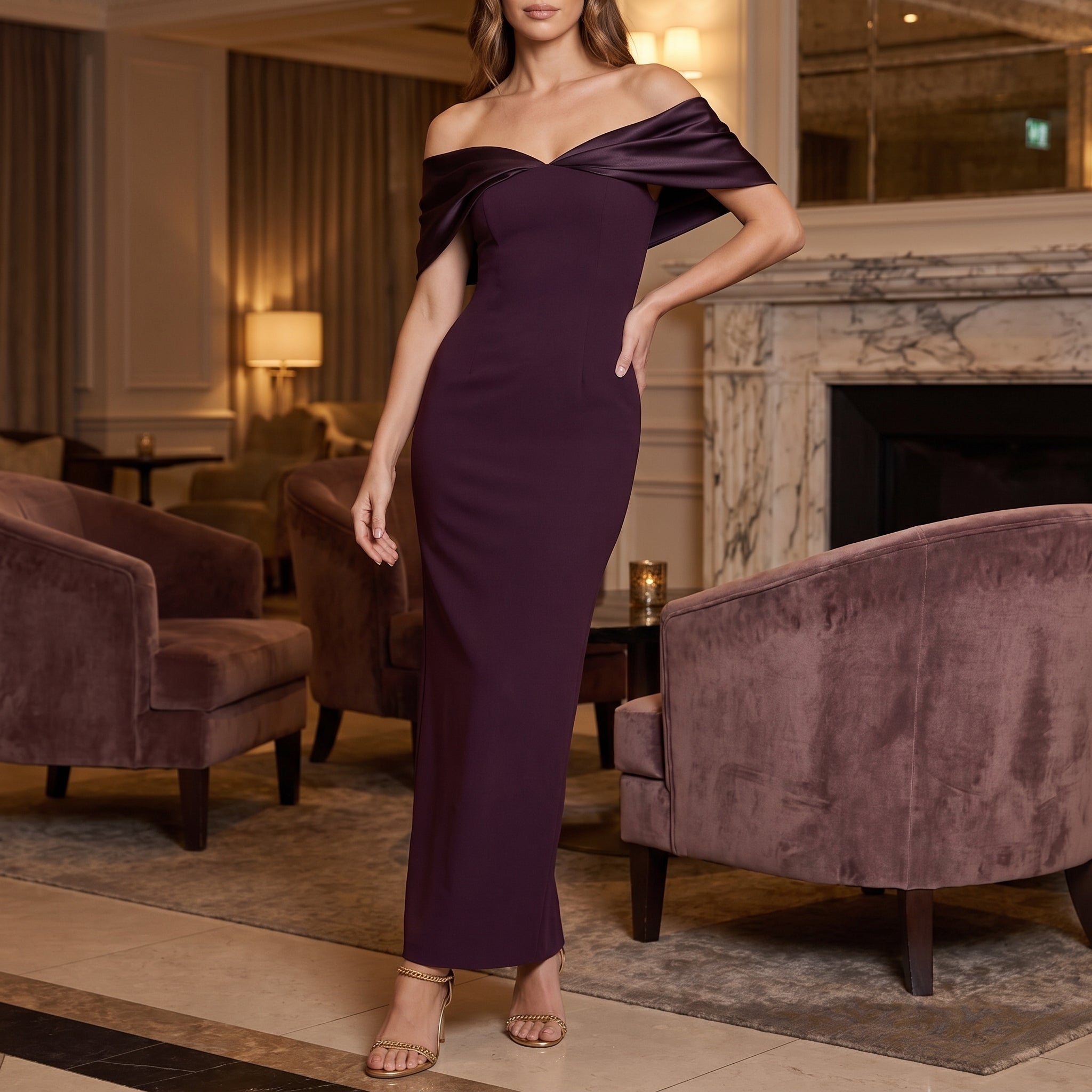 Clara - Women's Wedding Guest Off-Shoulder Bodycon Midi Dress - Maxi Dresses - Purple - Davies & Cooper