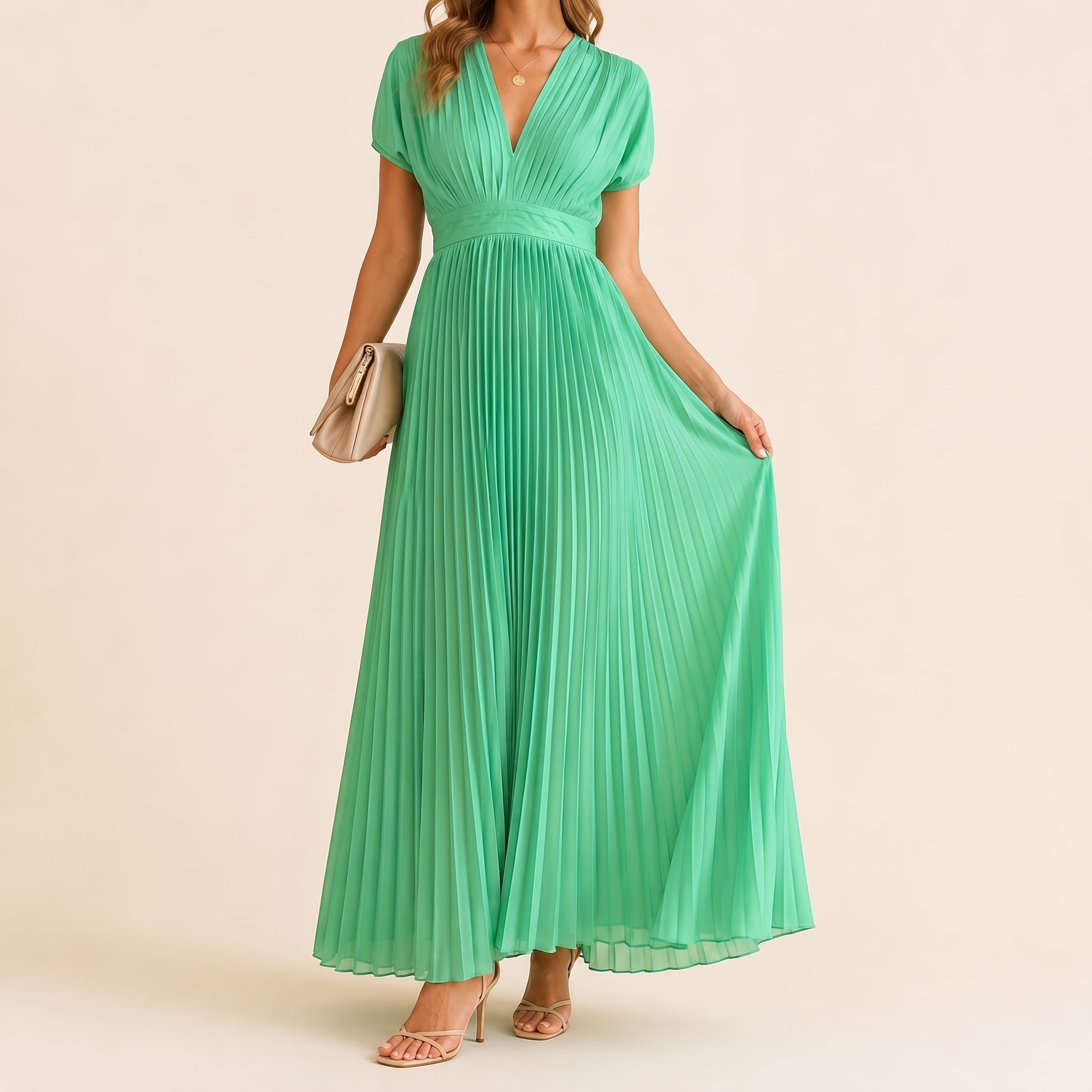 Clara - Women's Wedding Guest Pleated Cap Sleeves Maxi Dress - Dresses - Green - Davies & Cooper