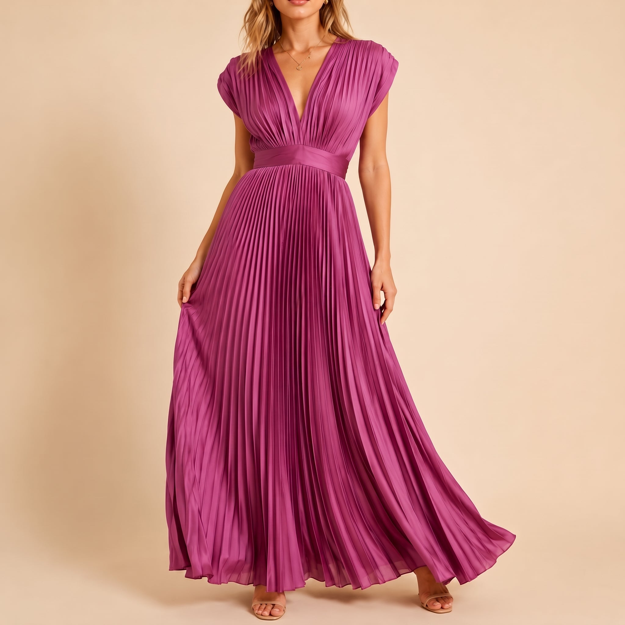 Clara - Women's Wedding Guest Pleated Cap Sleeves Maxi Dress - Dresses - Fuchsia - Davies & Cooper