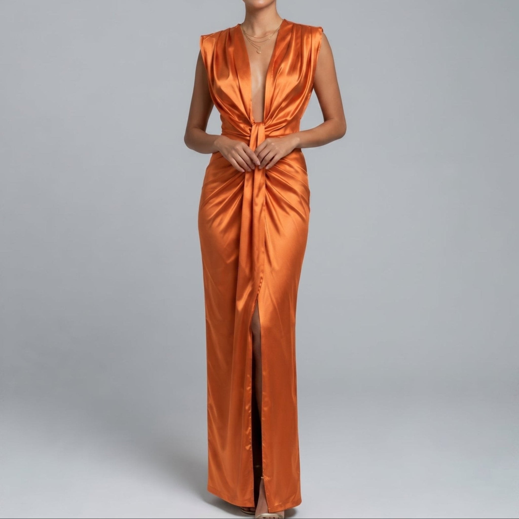 Clara - Women's Wedding Guest Plunge Ruched Maxi Dress - Dresses - Orange - Davies & Cooper