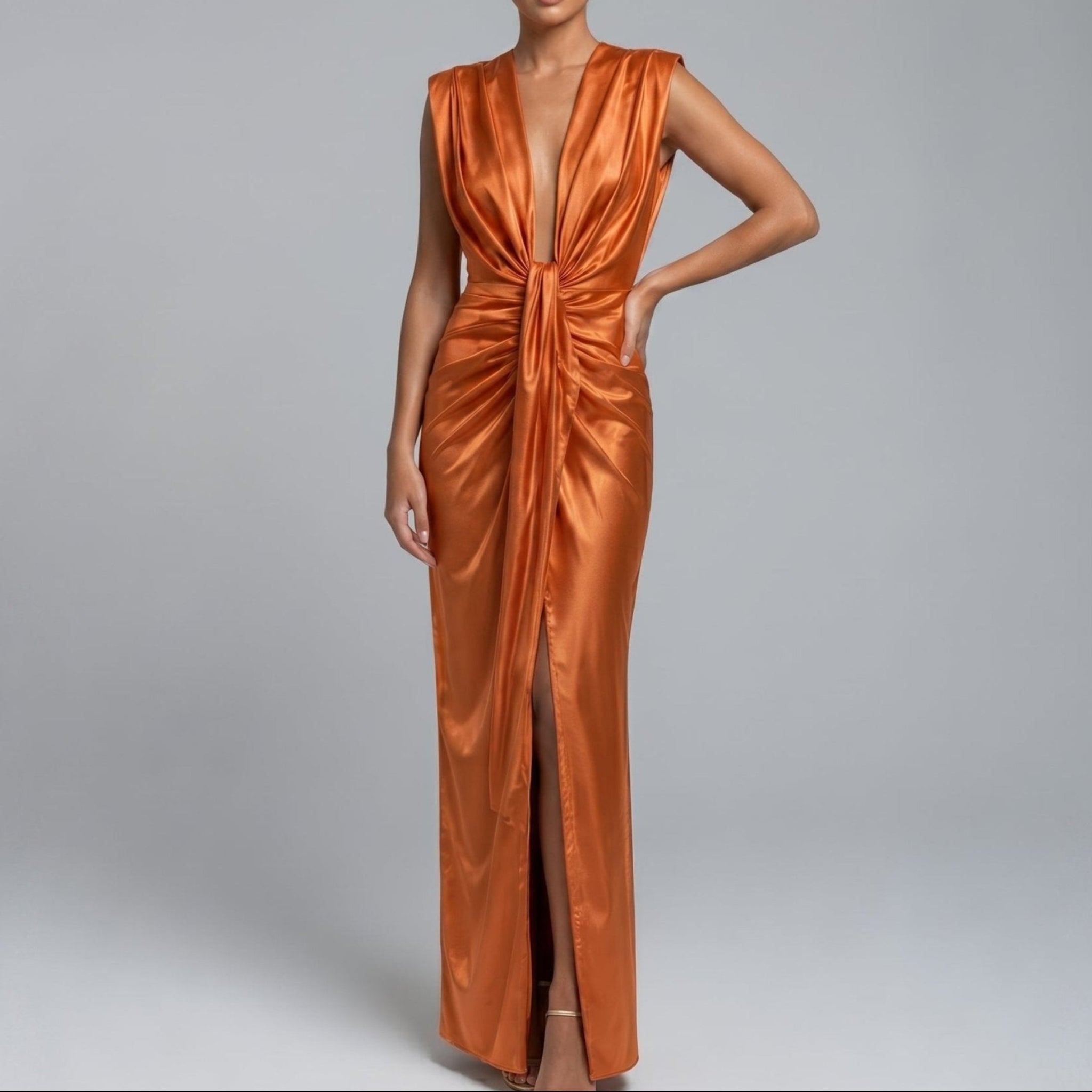 Clara - Women's Wedding Guest Plunge Ruched Maxi Dress - Dresses - Orange - Davies & Cooper