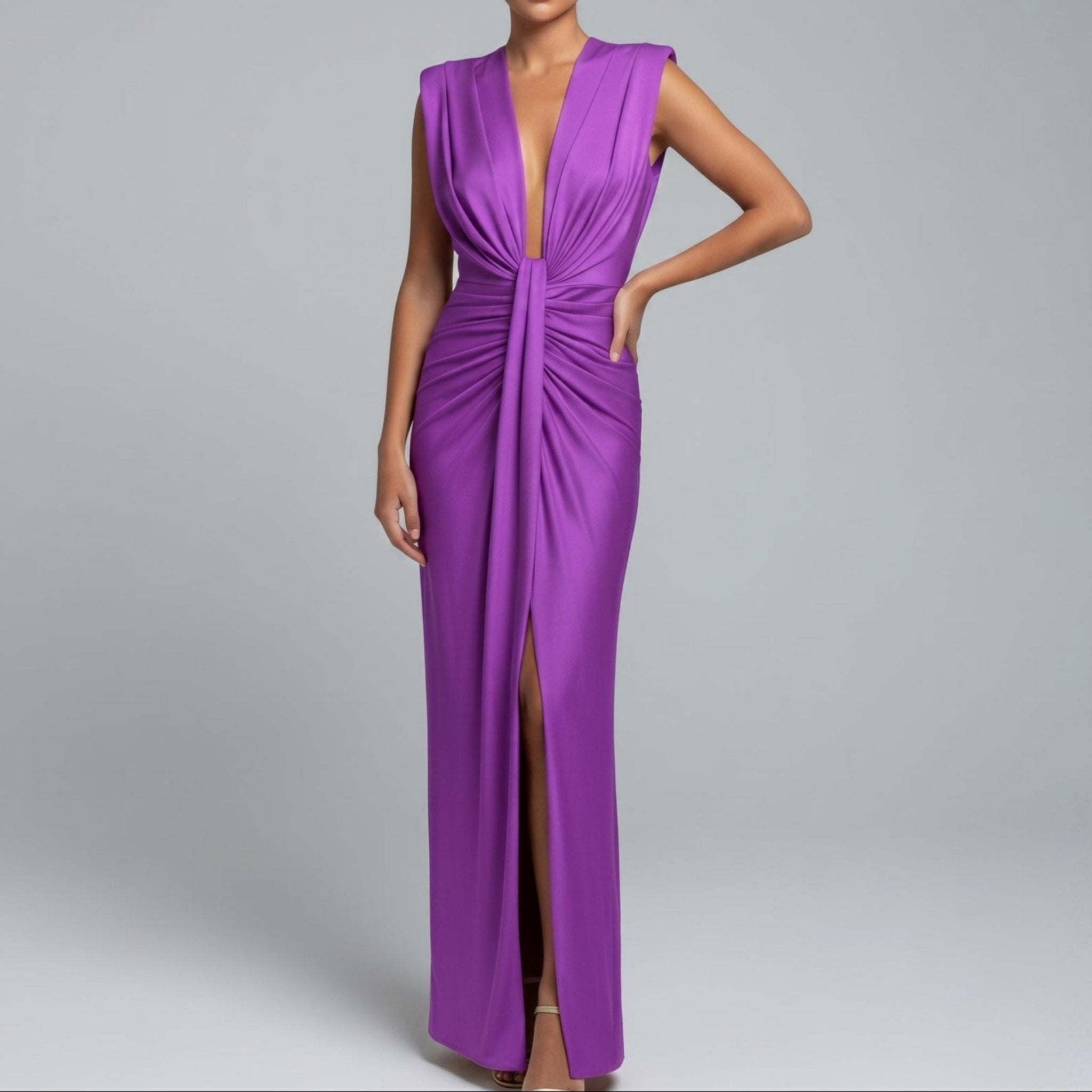 Clara - Women's Wedding Guest Plunge Ruched Maxi Dress - Dresses - Purple - Davies & Cooper