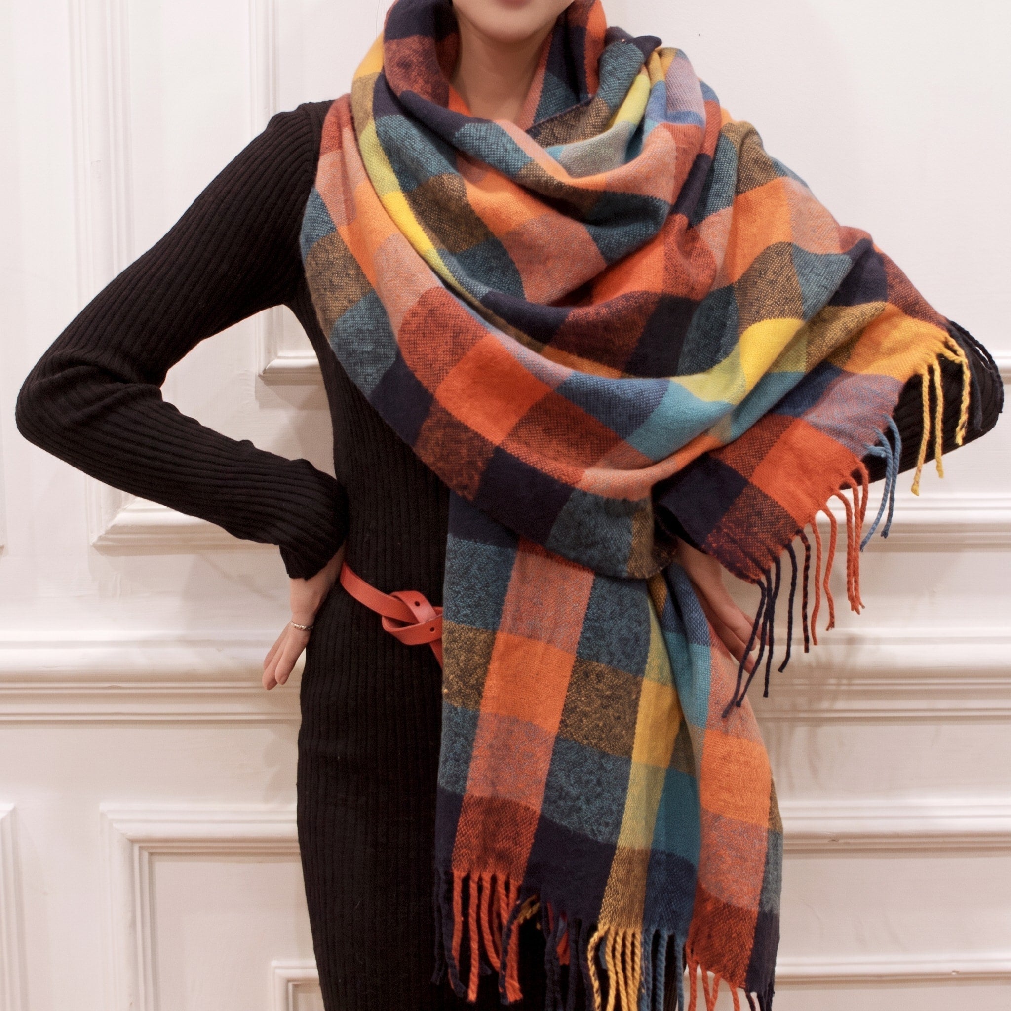 Coleen - Women's Fringed Tartan Wrap Scarf with Tassel Trim - Black - Davies & Cooper