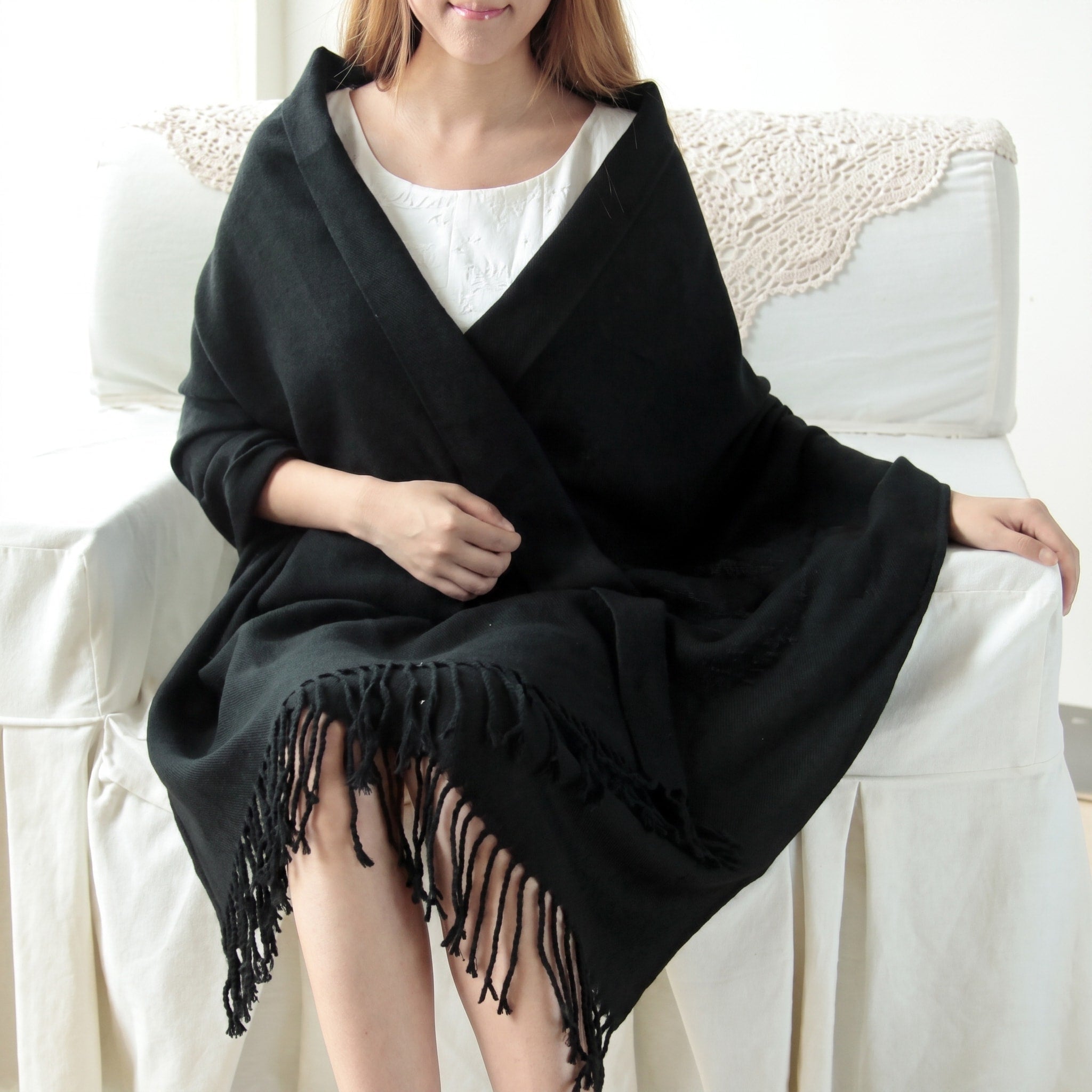 Coleen - Women's Fringed Tartan Wrap Scarf with Tassel Trim - Black - Davies & Cooper