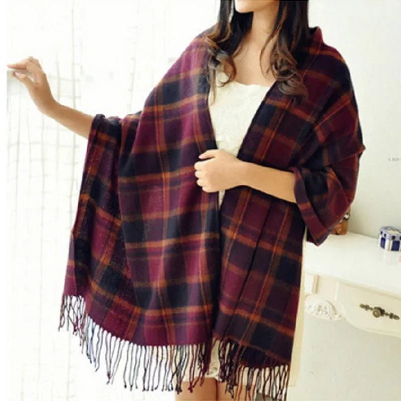 Coleen - Women's Fringed Tartan Wrap Scarf with Tassel Trim - Burgundy - Davies & Cooper