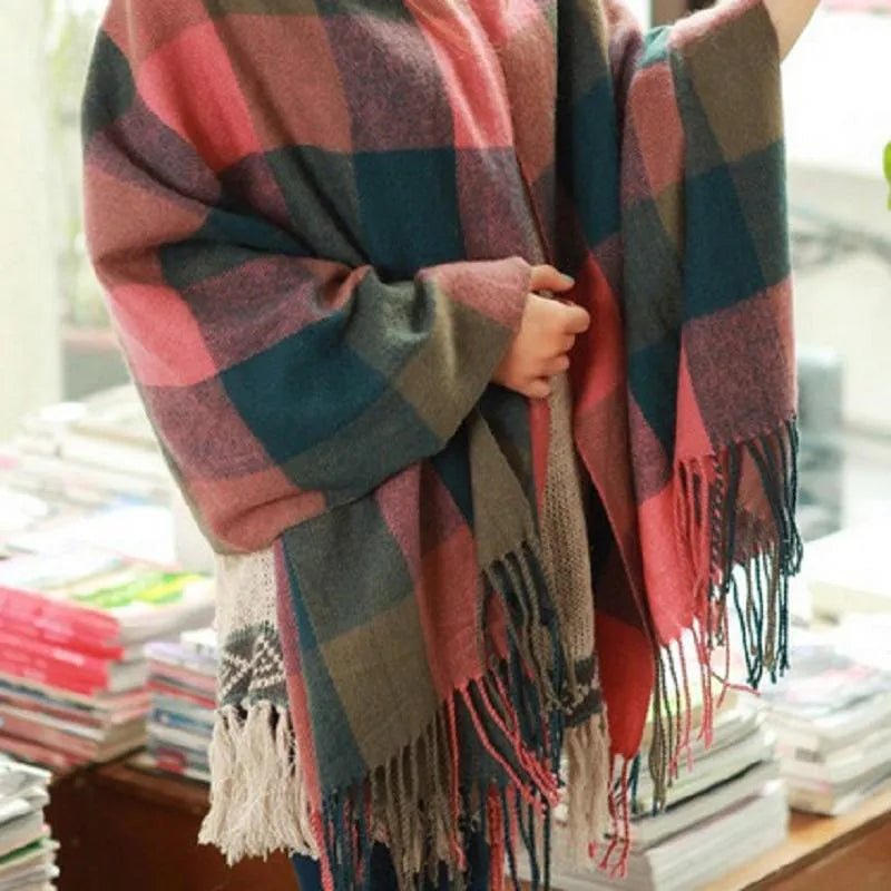 Coleen - Women's Fringed Tartan Wrap Scarf with Tassel Trim - Green - Davies & Cooper