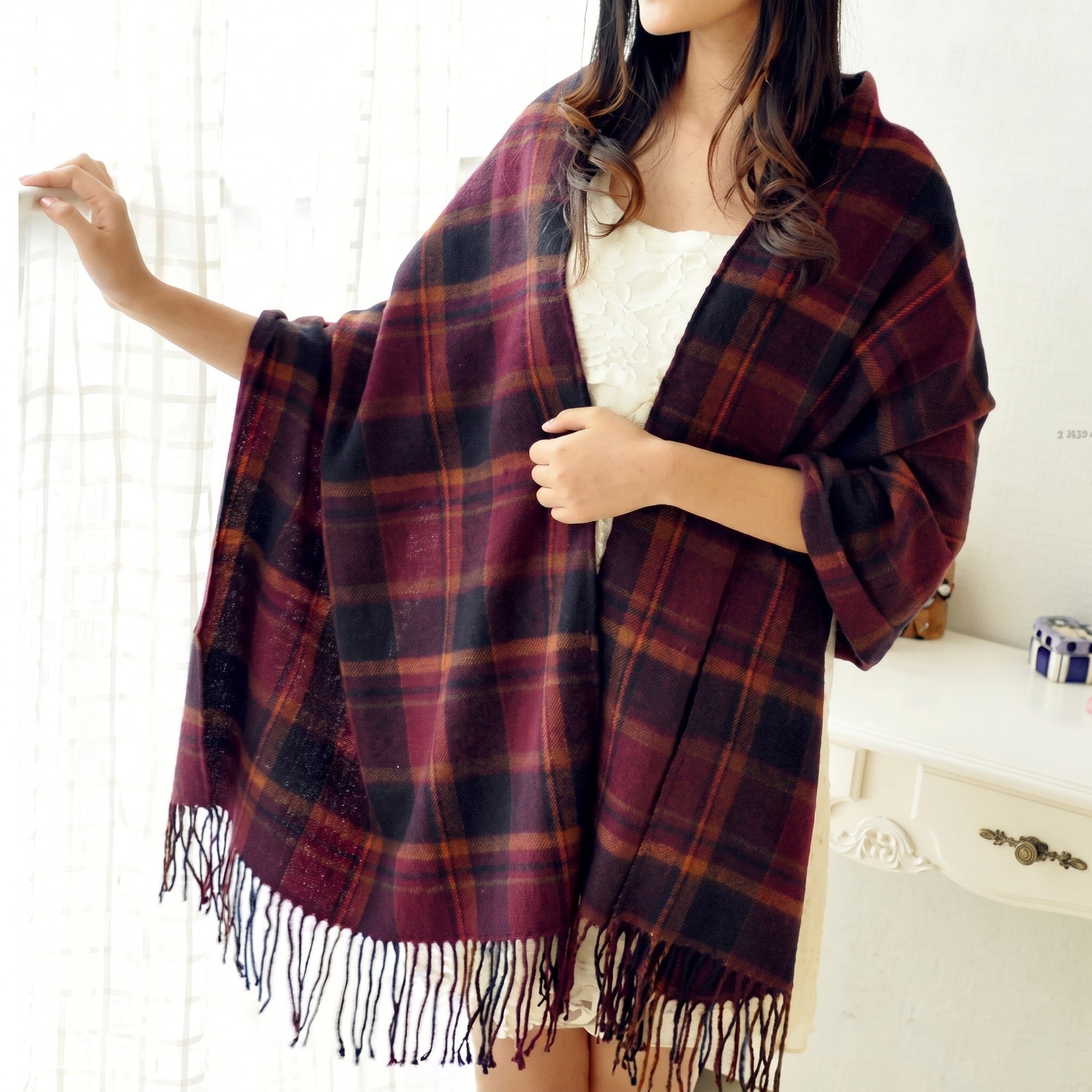 Coleen - Women's Fringed Tartan Wrap Scarf with Tassel Trim - Black - Davies & Cooper