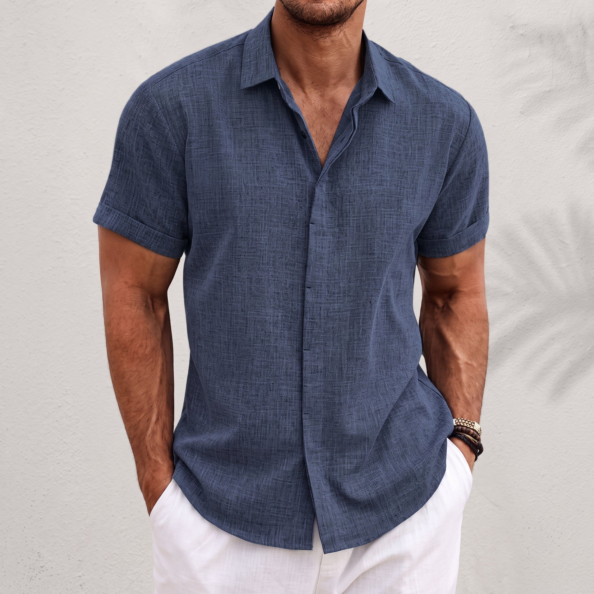 Connor - Men's Summer Open Collar Short Sleeve Shirt - Shirts - Marine Blue - Davies & Cooper