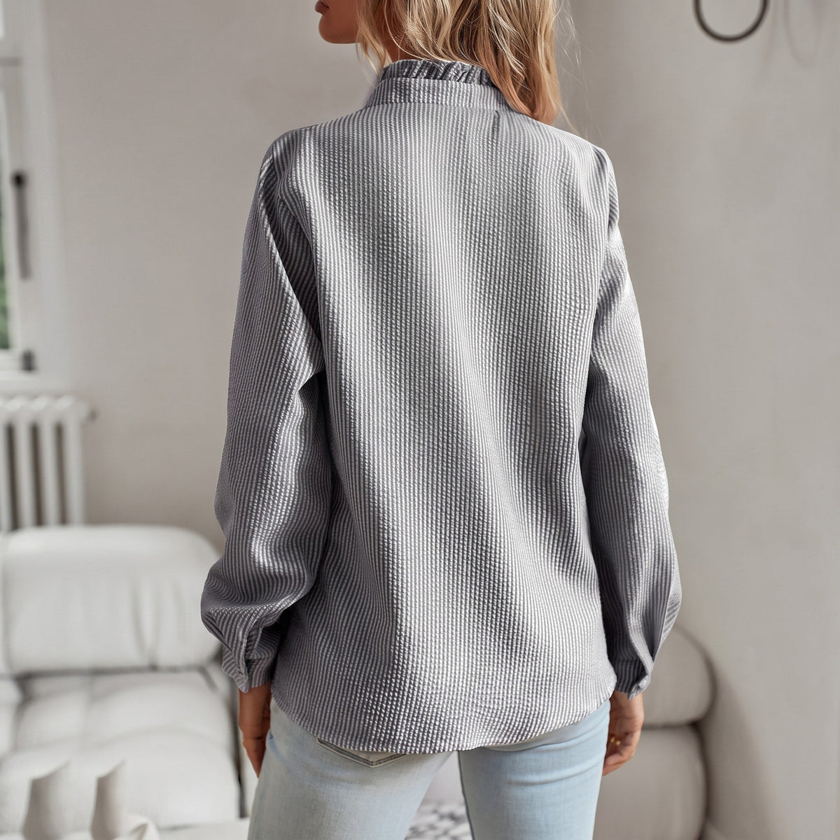 Corinne - Women's Long Sleeve Ruffle Collar Blouse with Textured Stripe Print - Blouses - Grey - Davies & Cooper