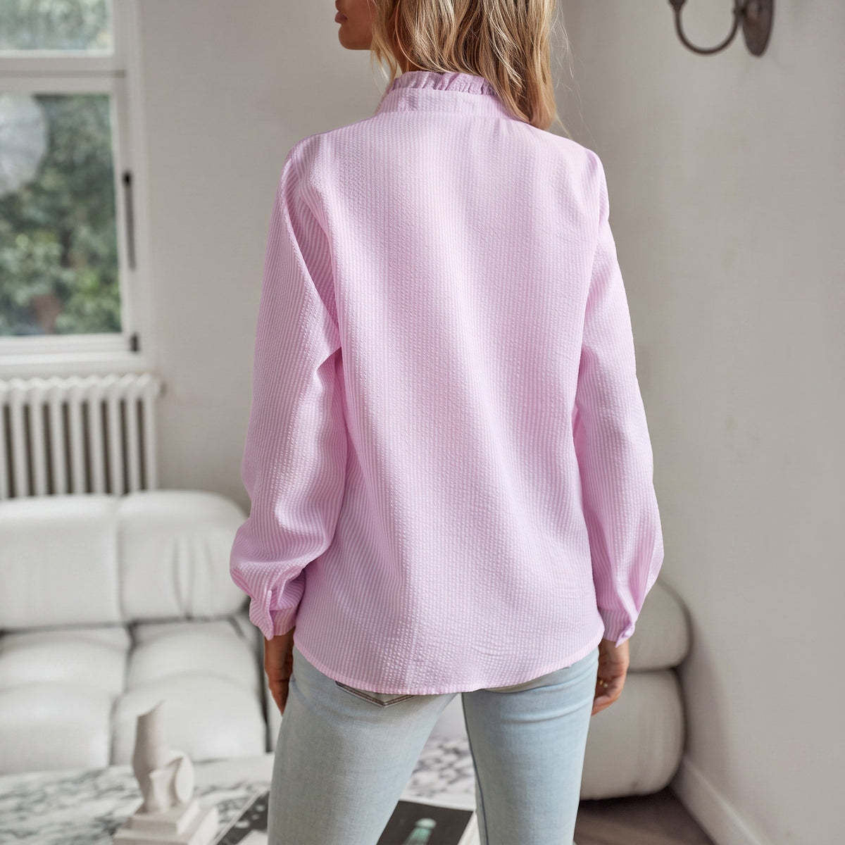 Corinne - Women's Long Sleeve Ruffle Collar Blouse with Textured Stripe Print - Blouses - Light Pink - Davies & Cooper