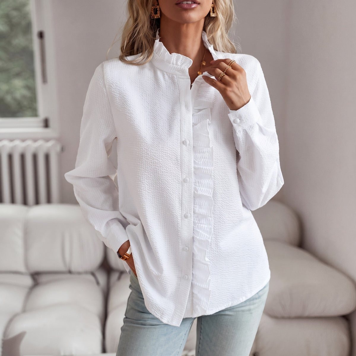 Corinne - Women's Long Sleeve Ruffle Collar Blouse with Textured Stripe Print - Blouses - White - Davies & Cooper