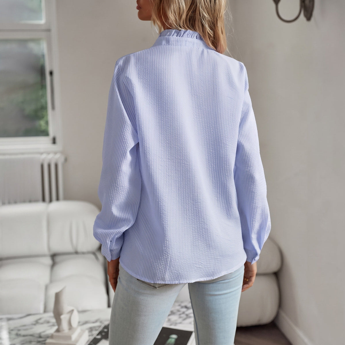 Corinne - Women's Long Sleeve Ruffle Collar Blouse with Textured Stripe Print - Blouses - Blue - Davies & Cooper