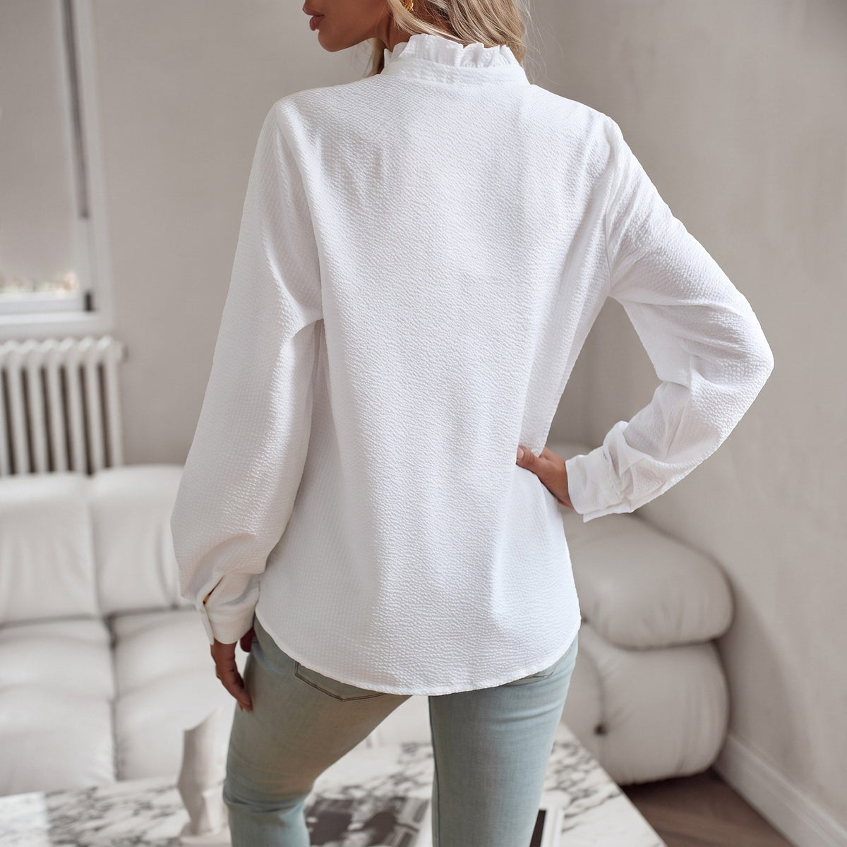 Corinne - Women's Long Sleeve Ruffle Collar Blouse with Textured Stripe Print - Blouses - White - Davies & Cooper