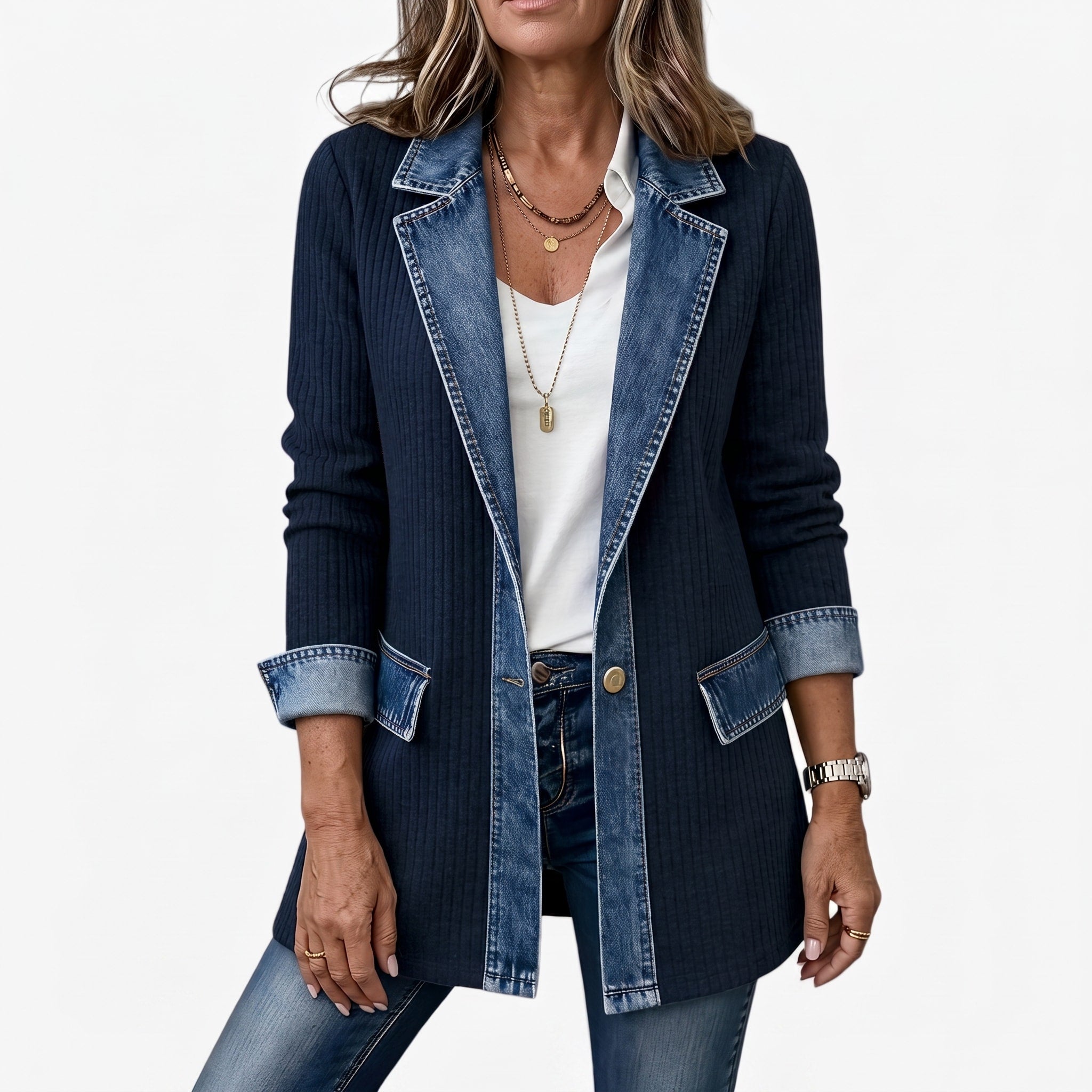 Margaret - Women's Longline Contrast Collar Blazer Jacket