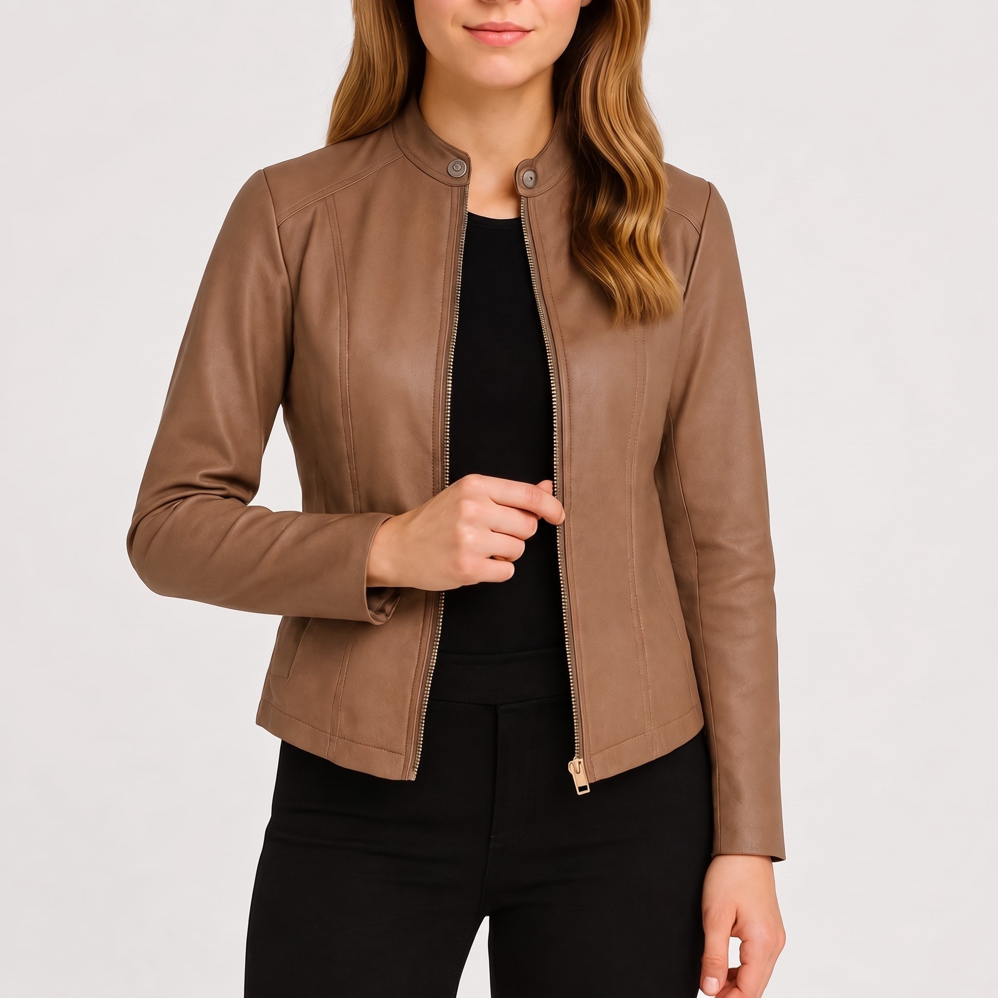 Sophie - Women's Fitted Zip-Up Biker Jacket with Snap Collar