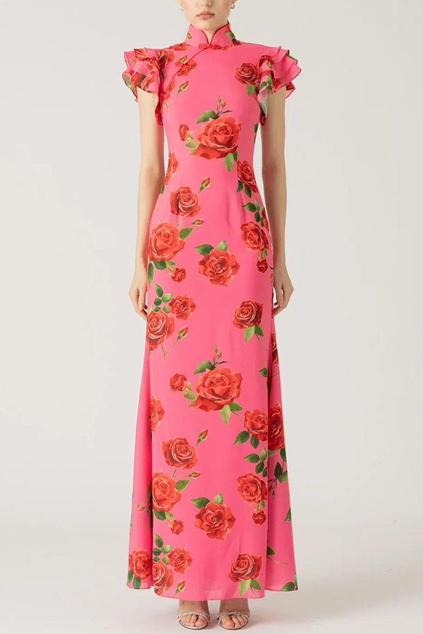 Clara - Women's Floral Ruffle Sleeve Fitted Maxi Dress with High Neck