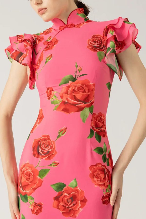 Clara - Women's Floral Ruffle Sleeve Fitted Maxi Dress with High Neck
