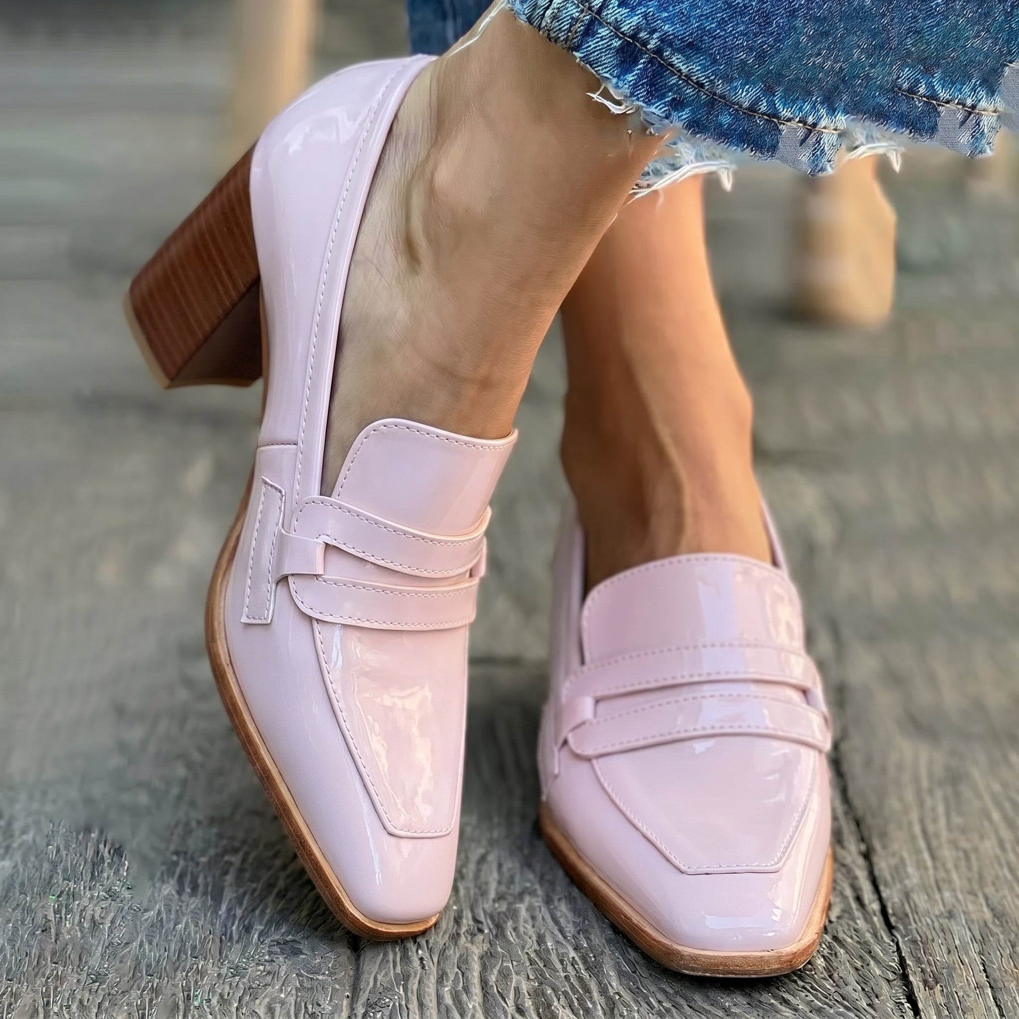 Daisy - Women's Block Heel Penny Loafers - Loafers - Pink - Davies & Cooper