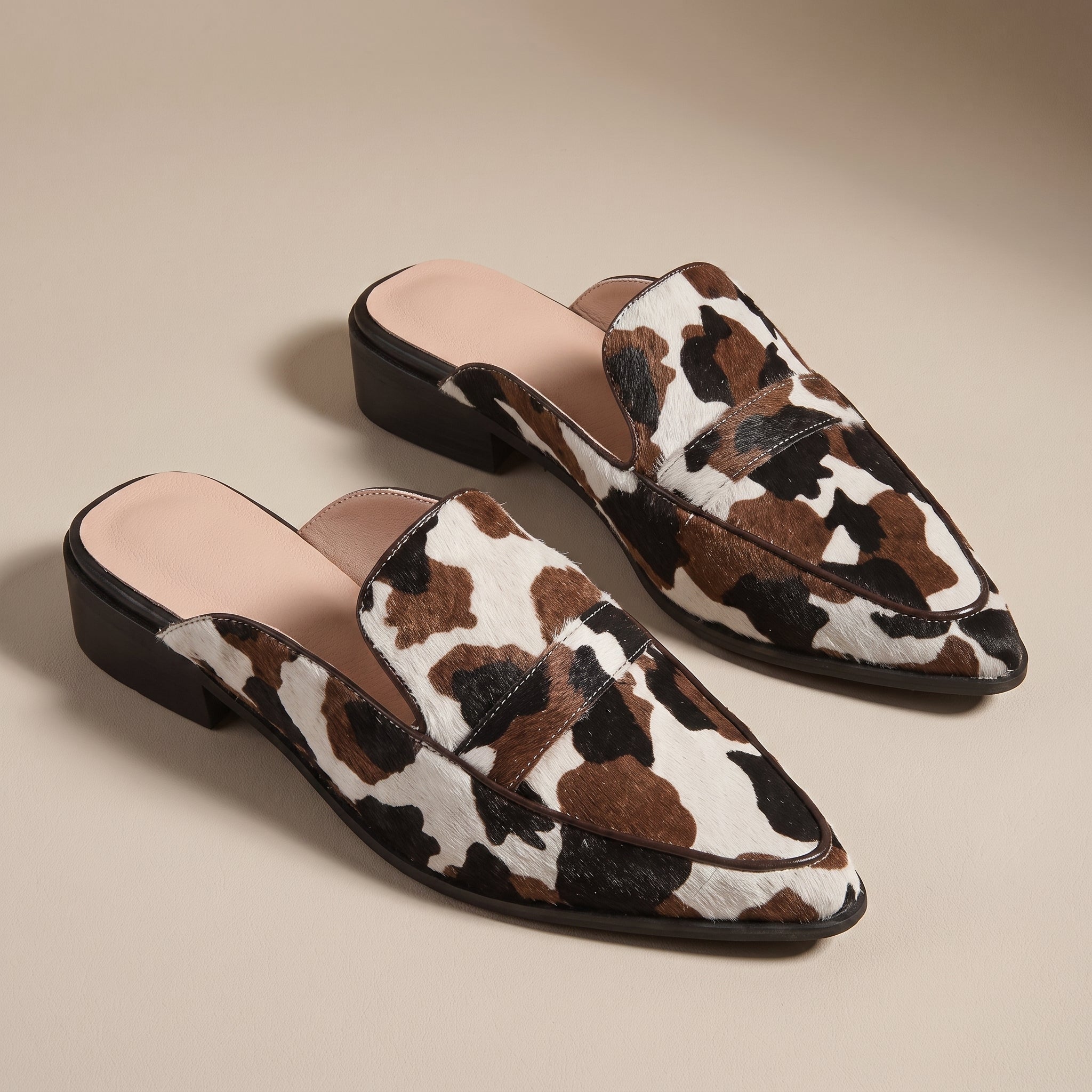 Daisy - Women's Cow Print Pointed Toe Low Block Heel Mules - Sandals - Brown - Davies & Cooper