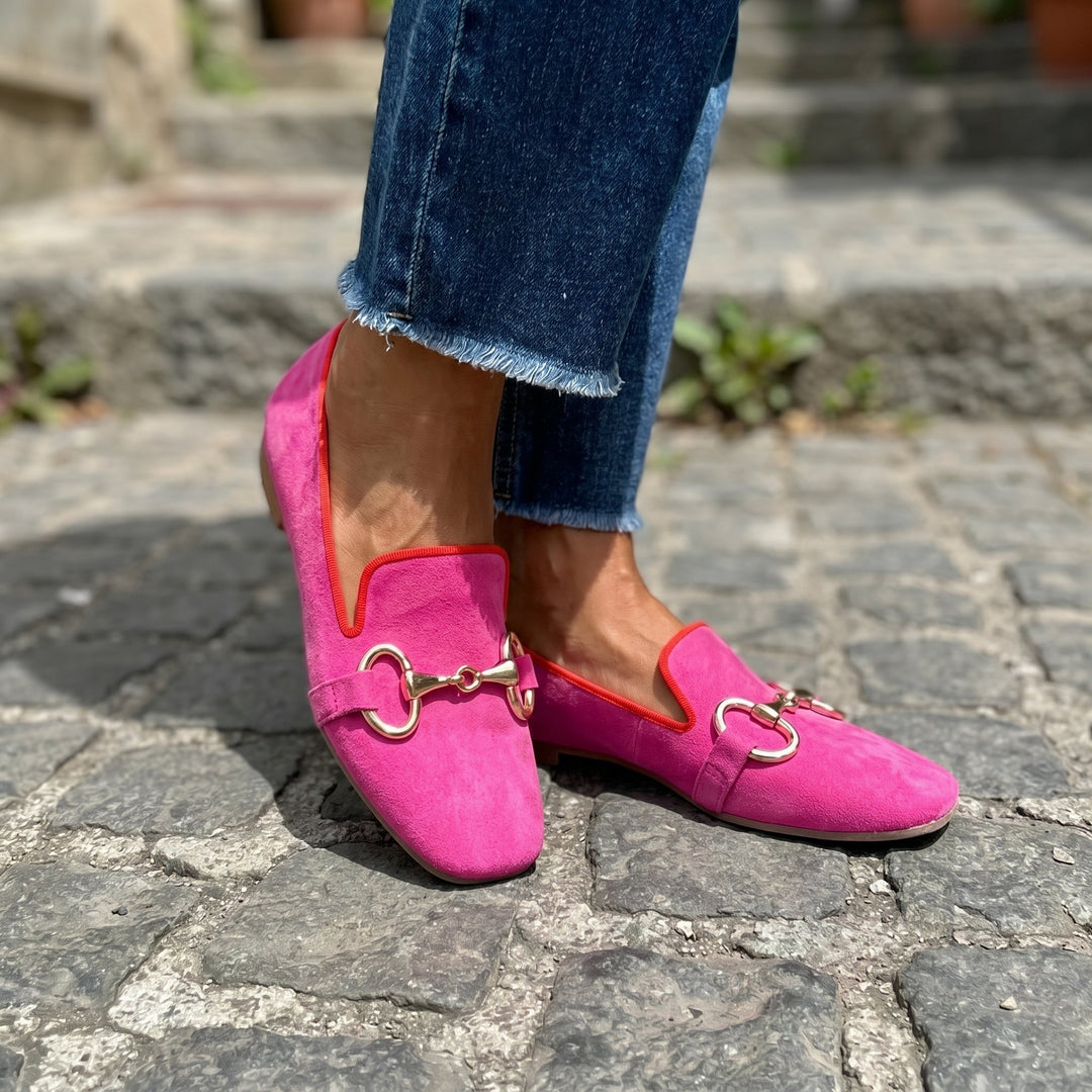 Daisy - Women's Flat Loafers with Gold Snaffle Trim - Loafers - Pink - Davies & Cooper
