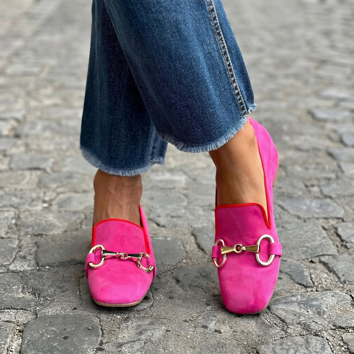 Daisy - Women's Flat Loafers with Gold Snaffle Trim - Loafers - Pink - Davies & Cooper