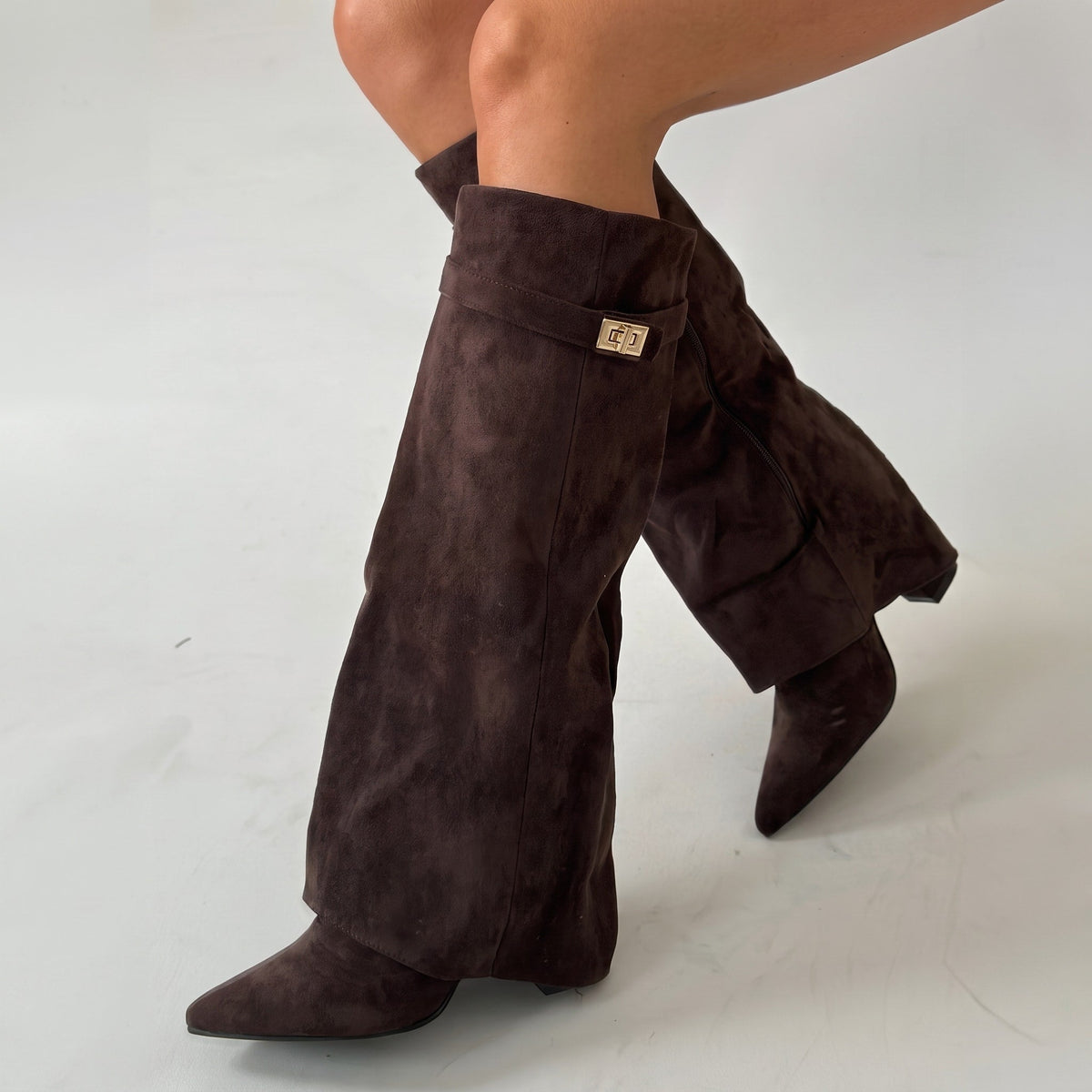 Daisy - Women's Fold-Over Knee-High Boots with Pointed Toe - Boots - Brown - Davies & Cooper