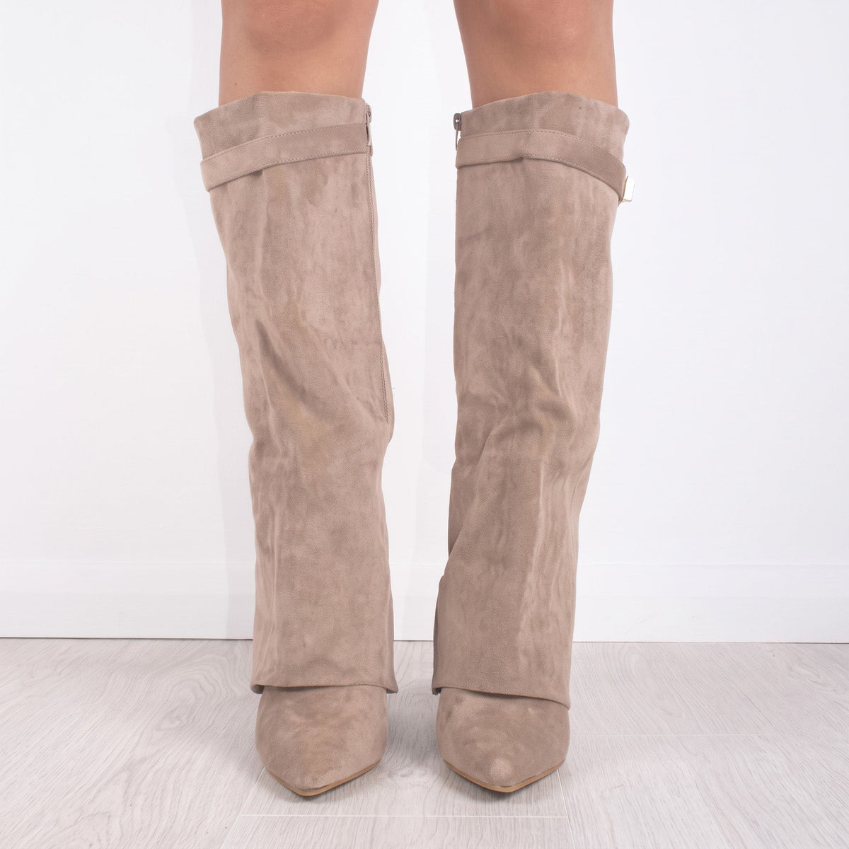 Daisy - Women's Fold-Over Knee-High Boots with Pointed Toe - Boots - Beige - Davies & Cooper