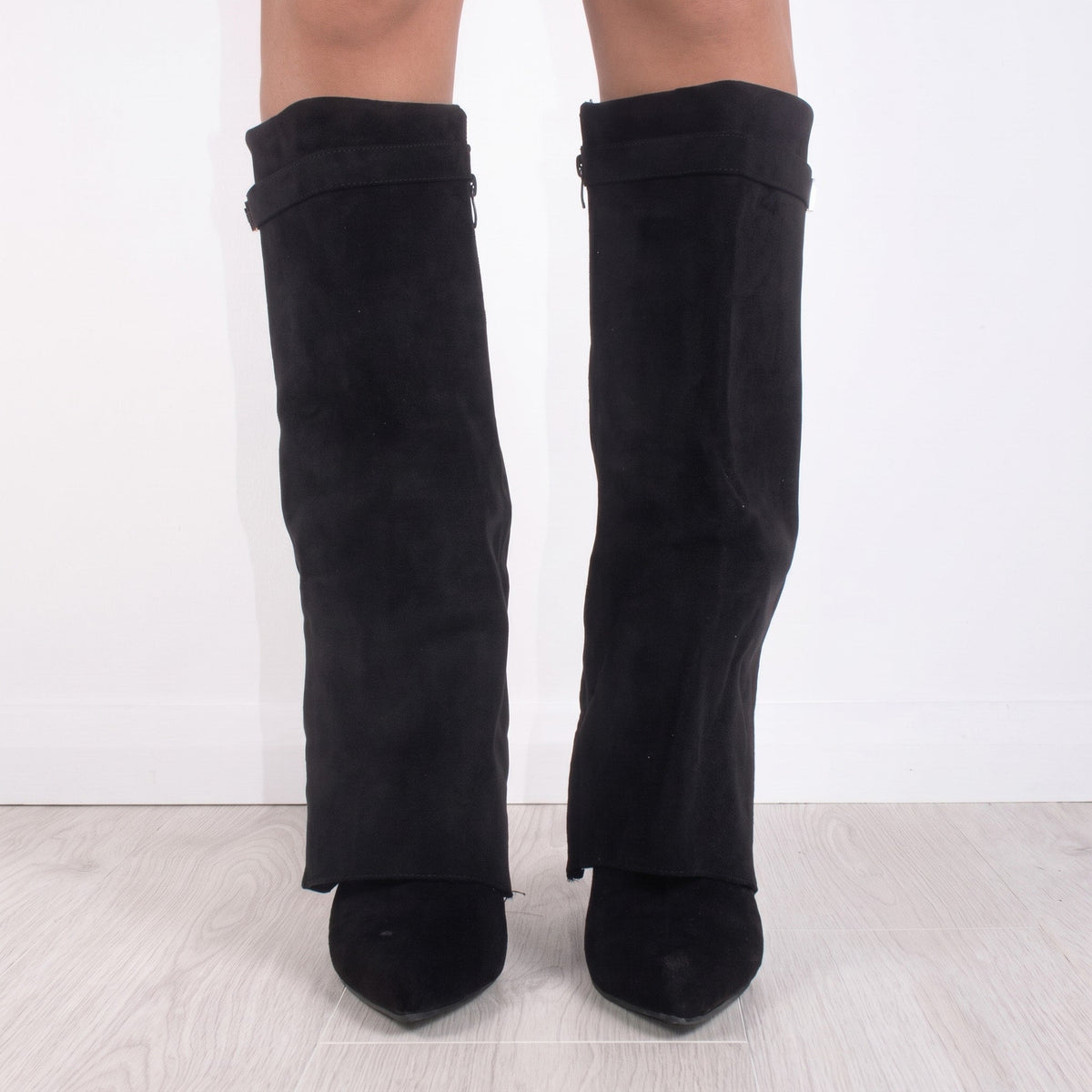 Daisy - Women's Fold-Over Knee-High Boots with Pointed Toe - Boots - Black - Davies & Cooper